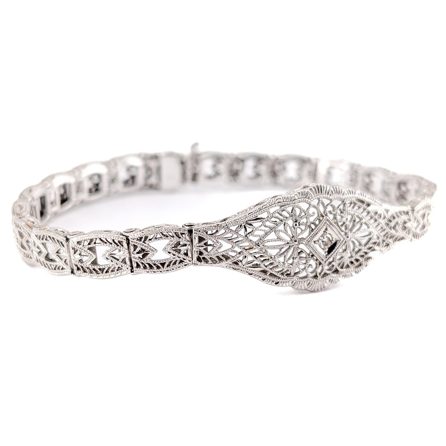 Antique Art Deco 14K White Gold Diamond Filigree Bracelet
