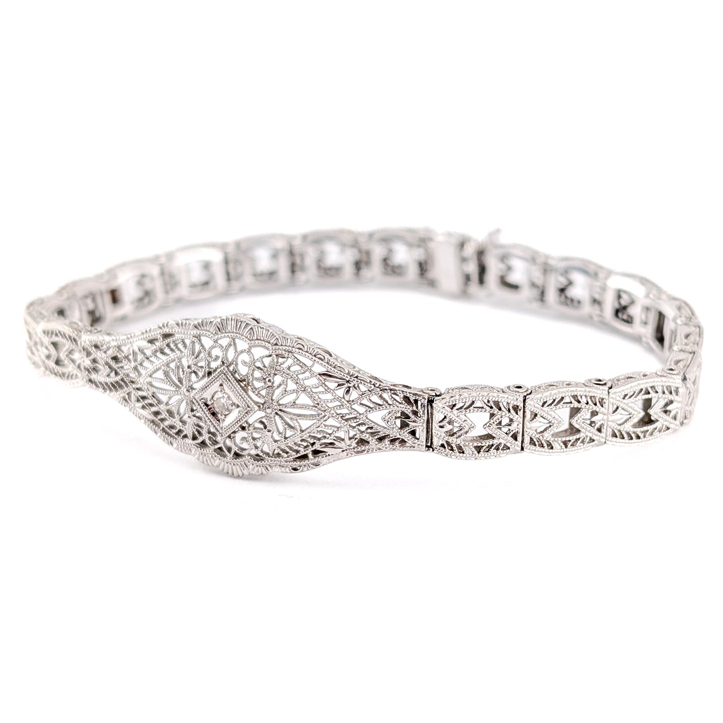 Antique Art Deco 14K White Gold Diamond Filigree Bracelet