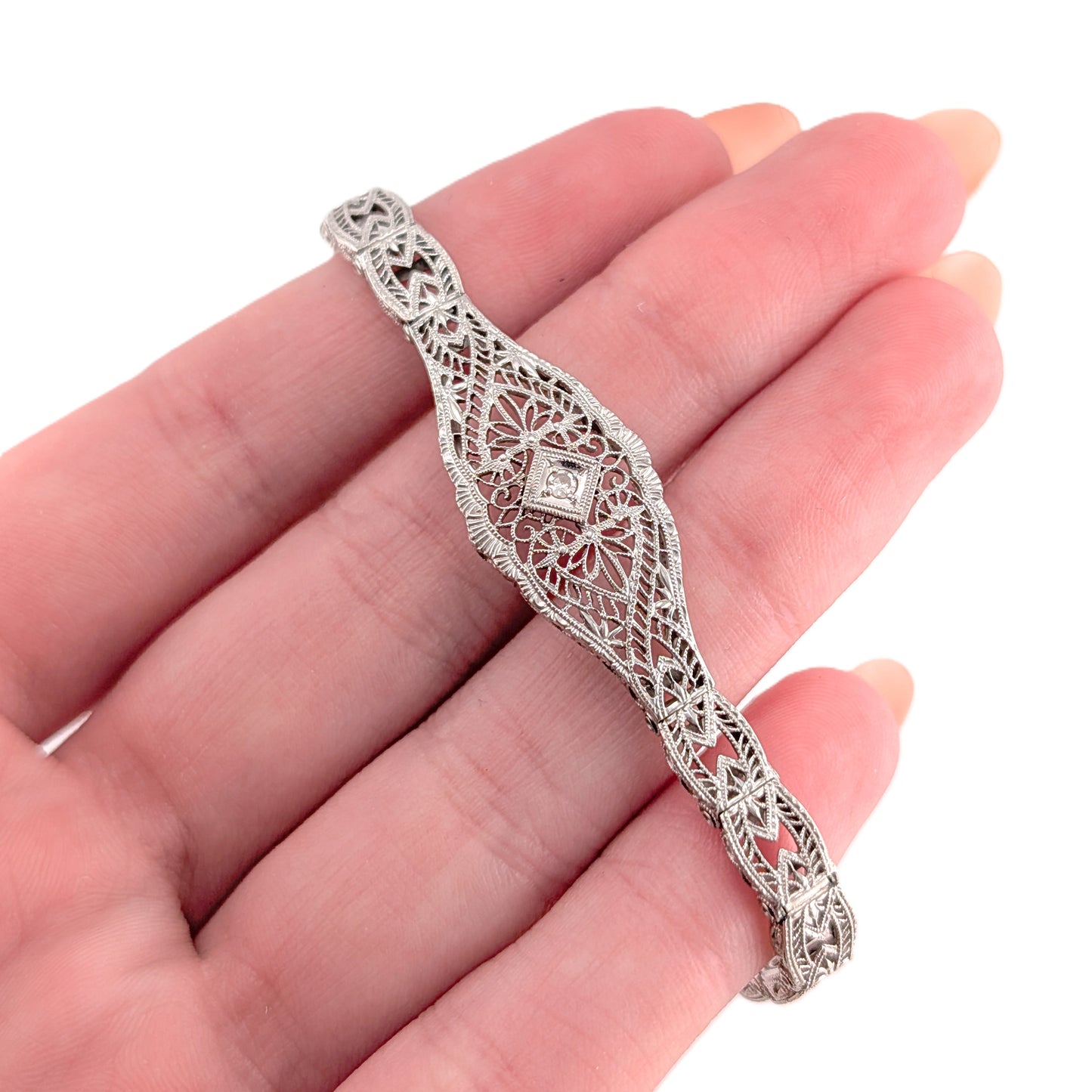 Antique Art Deco 14K White Gold Diamond Filigree Bracelet