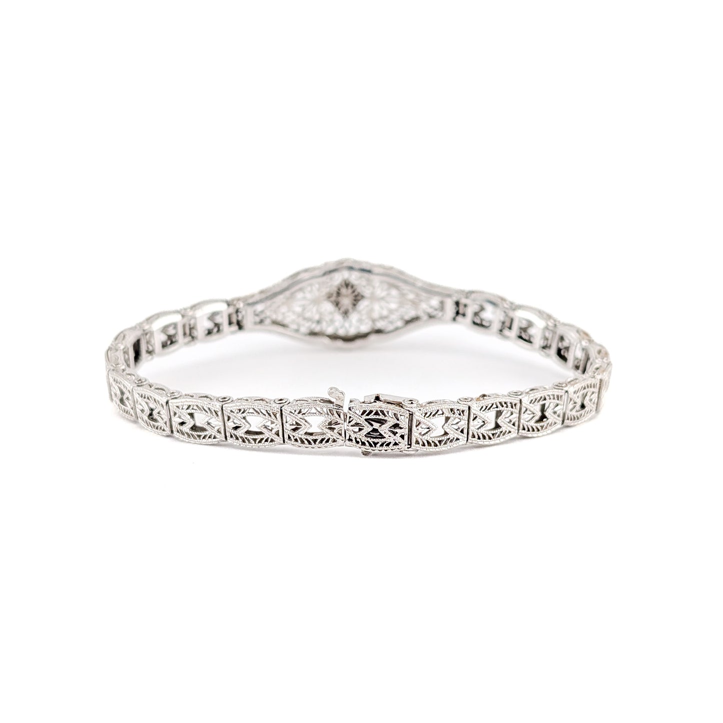 Antique Art Deco 14K White Gold Diamond Filigree Bracelet