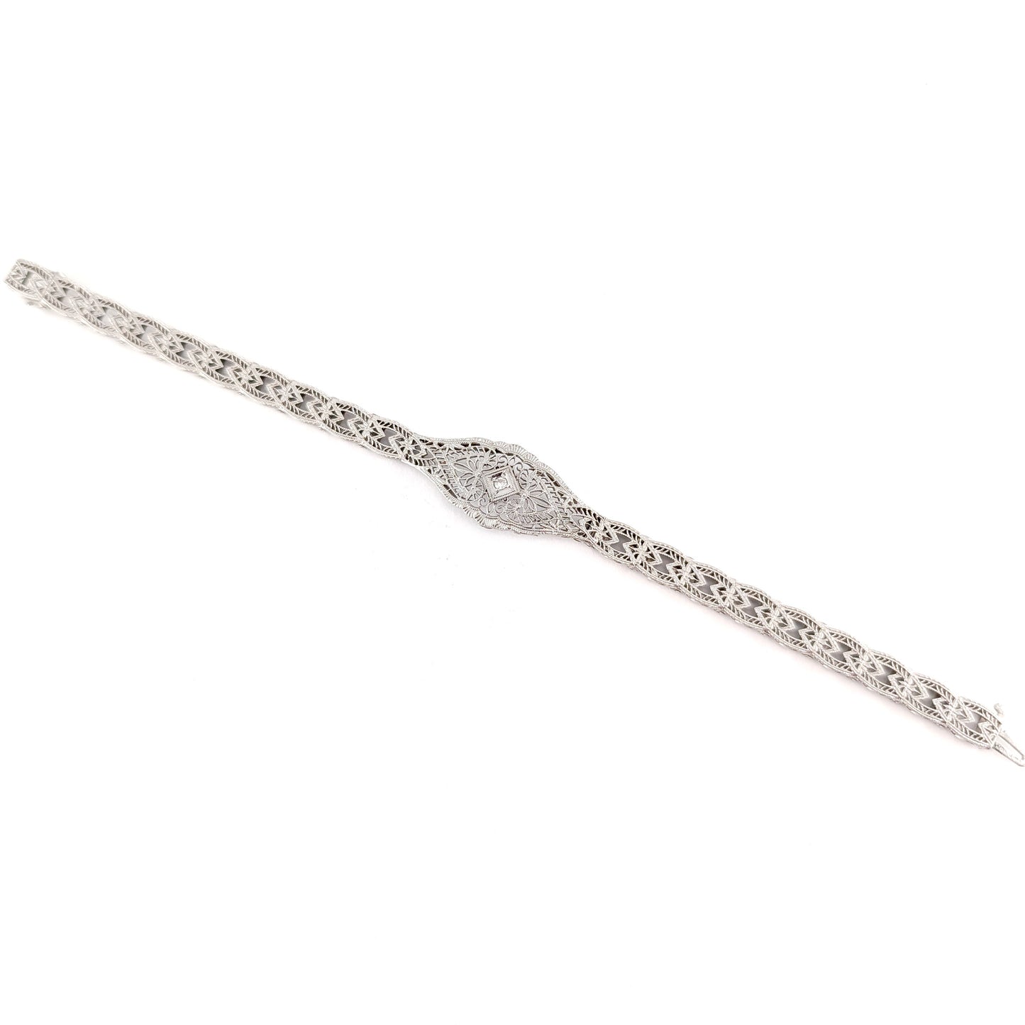 Antique Art Deco 14K White Gold Diamond Filigree Bracelet