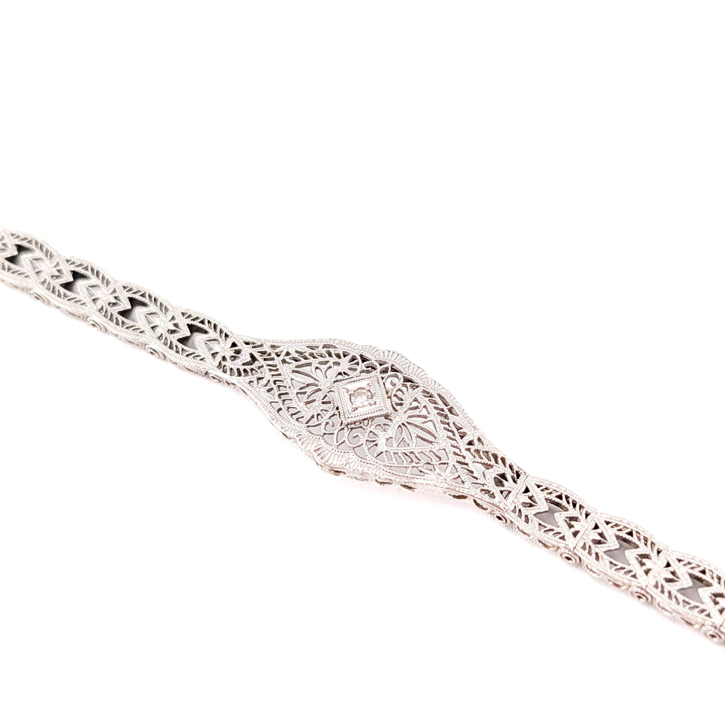 Antique Art Deco 14K White Gold Diamond Filigree Bracelet