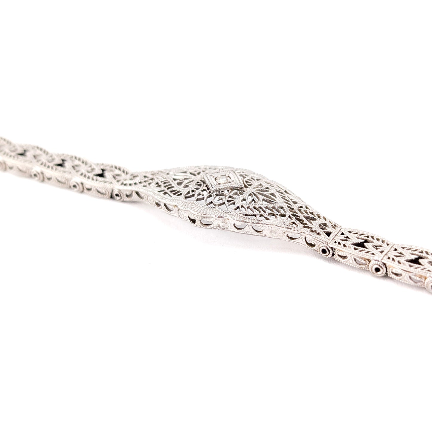 Antique Art Deco 14K White Gold Diamond Filigree Bracelet