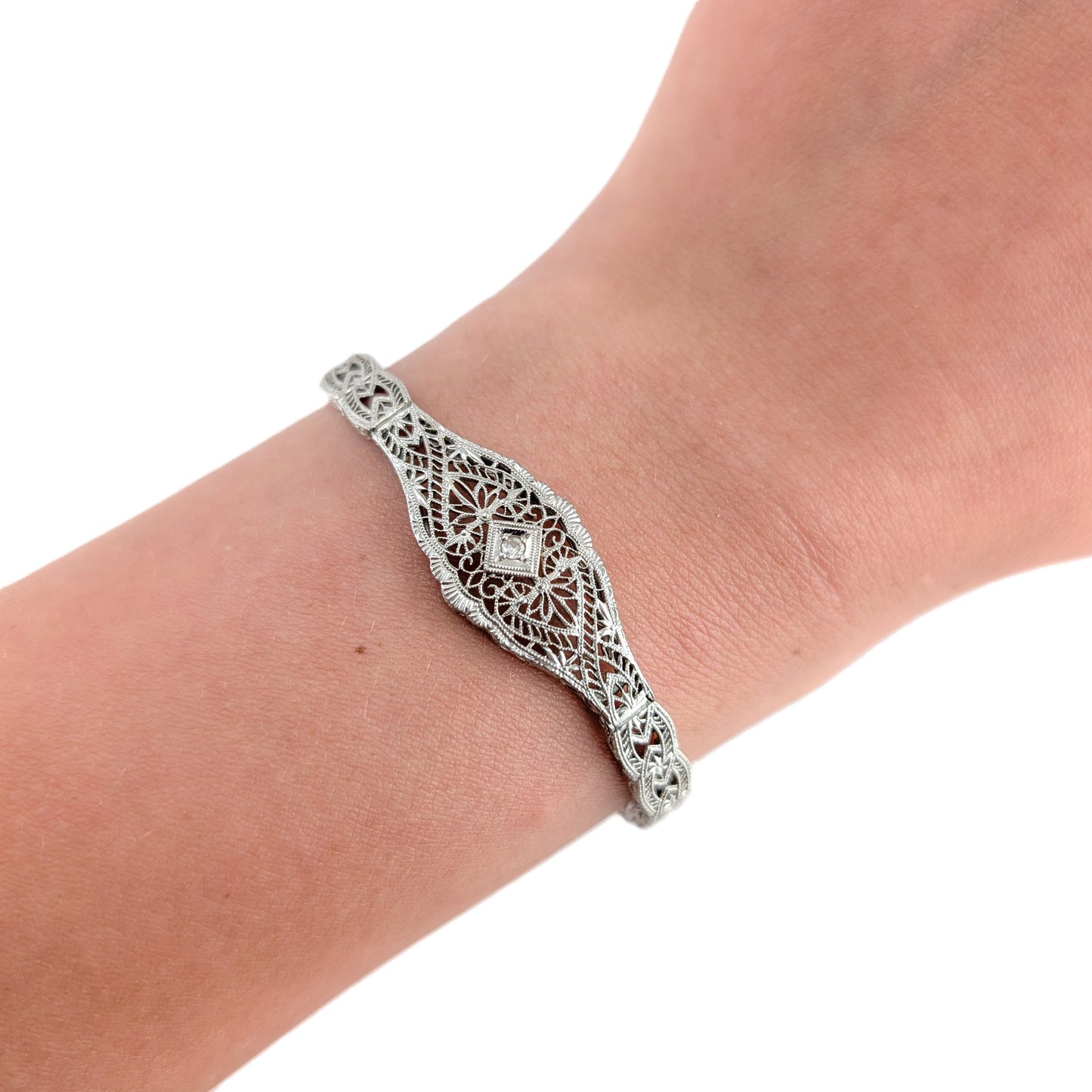 Antique Art Deco 14K White Gold Diamond Filigree Bracelet