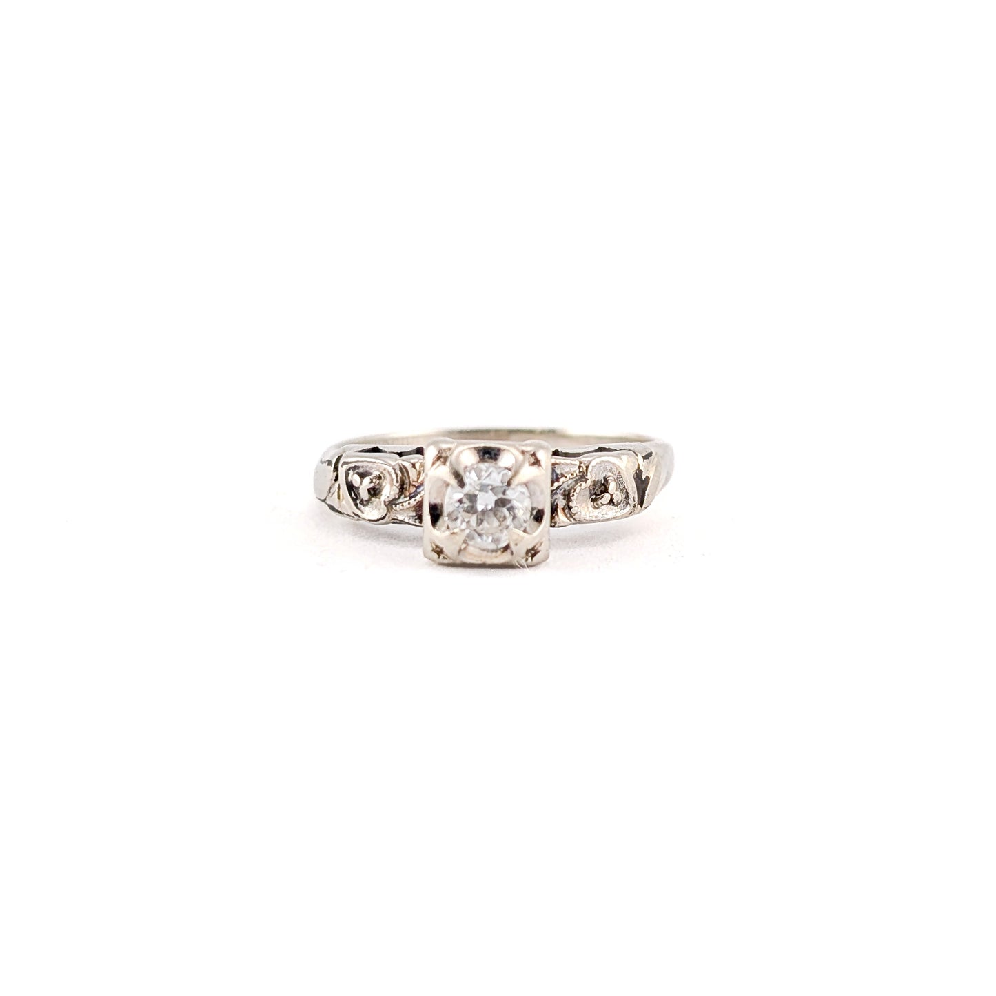 Vintage 14K White Gold Round Old European Solitaire Ring - Engagement Ring
