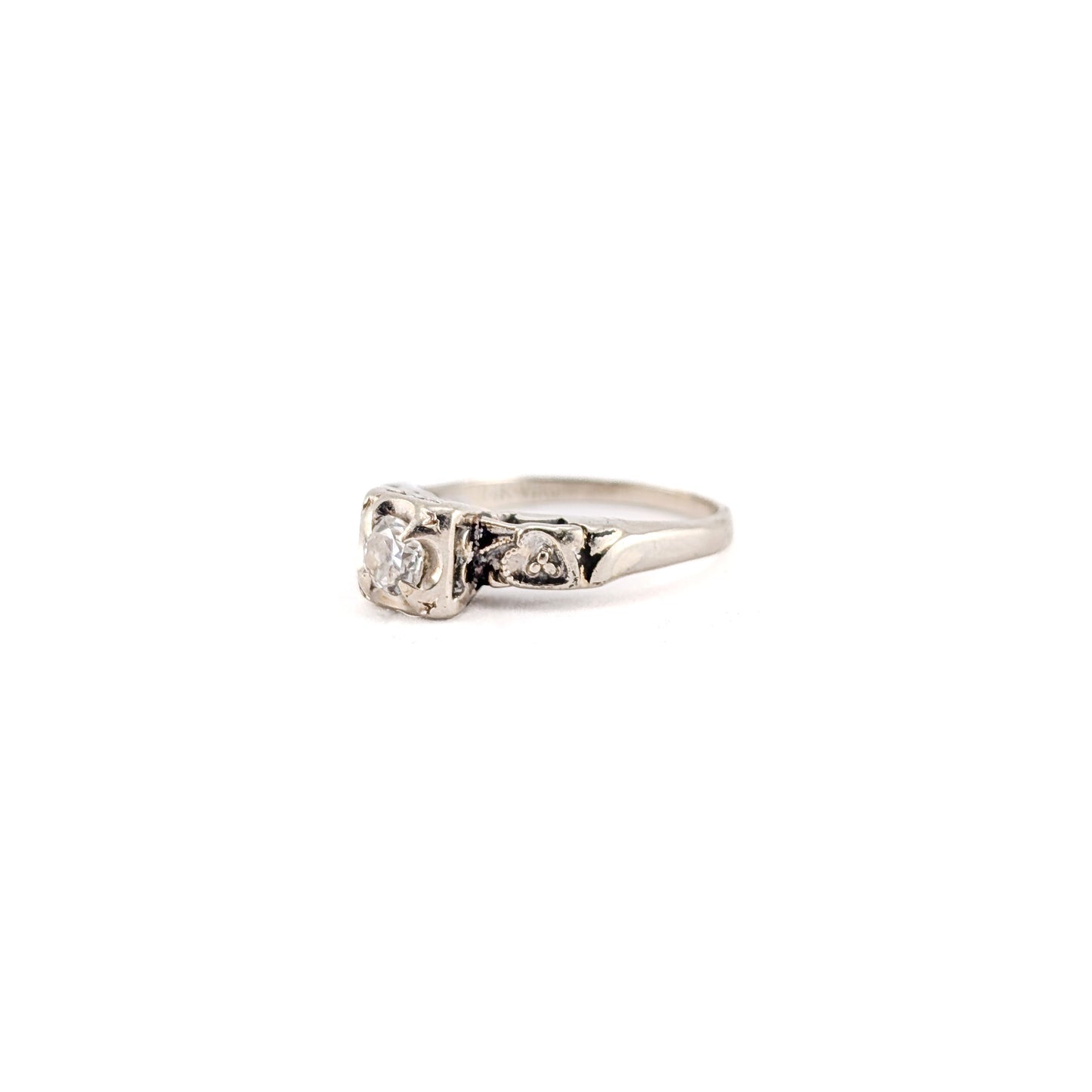 Vintage 14K White Gold Round Old European Solitaire Ring - Engagement Ring