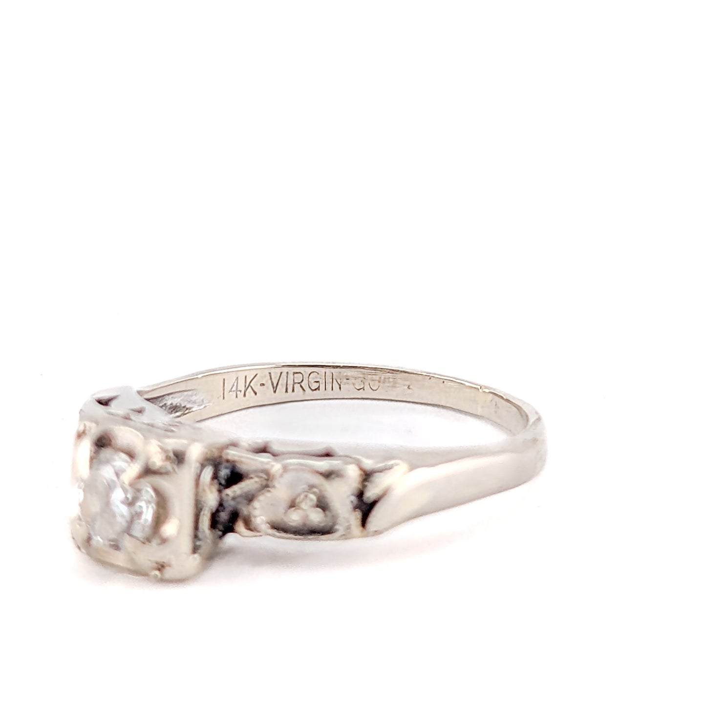 Vintage 14K White Gold Round Old European Solitaire Ring - Engagement Ring