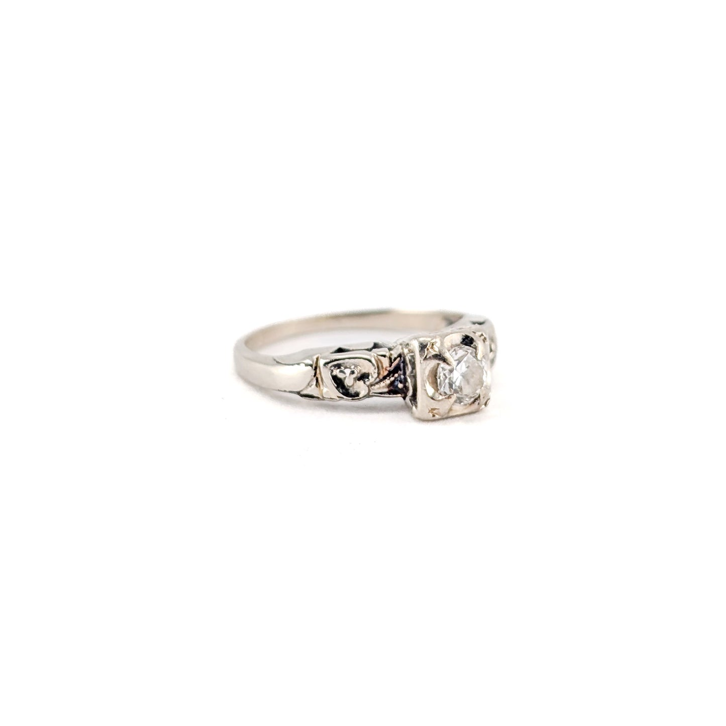 Vintage 14K White Gold Round Old European Solitaire Ring - Engagement Ring