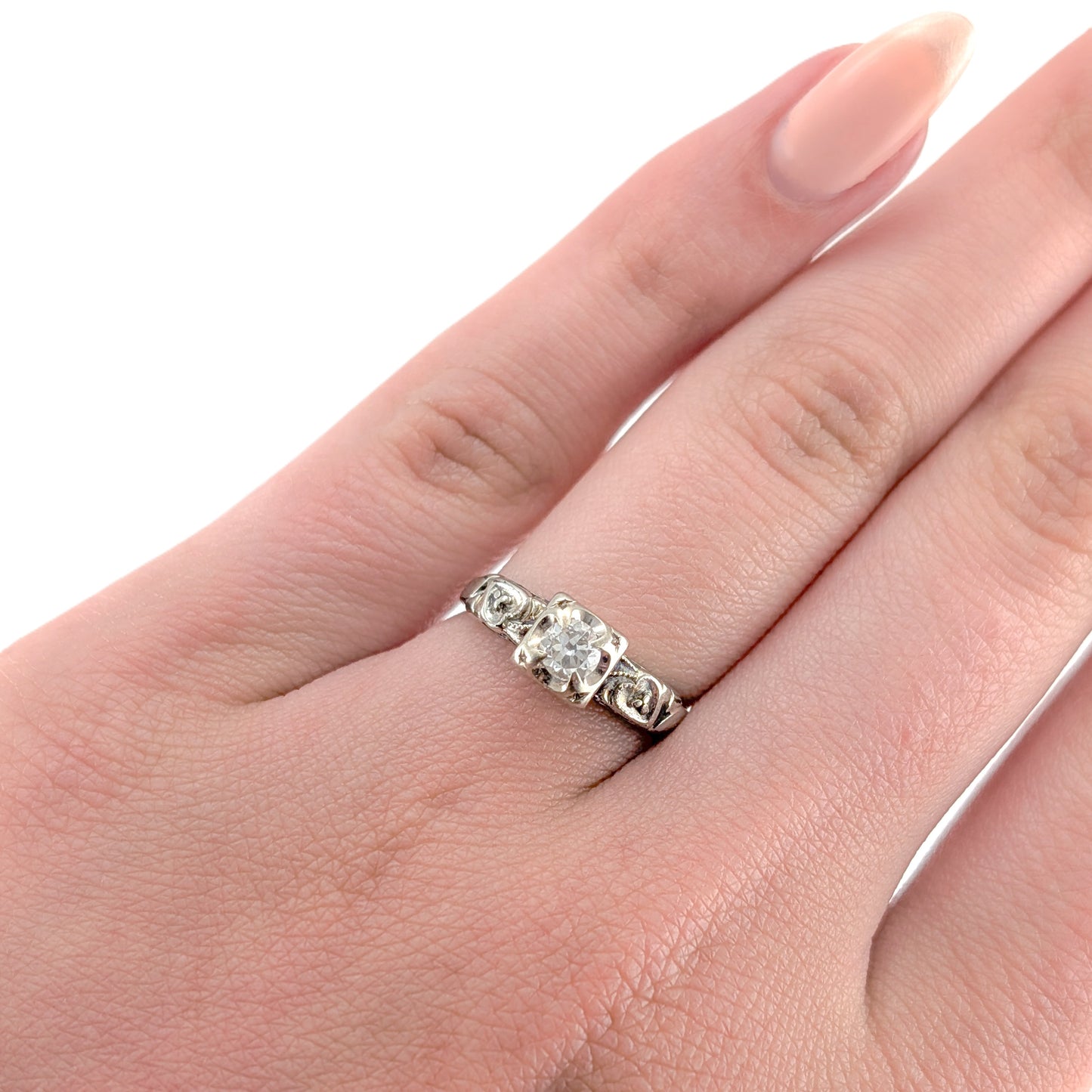Vintage 14K White Gold Round Old European Solitaire Ring - Engagement Ring