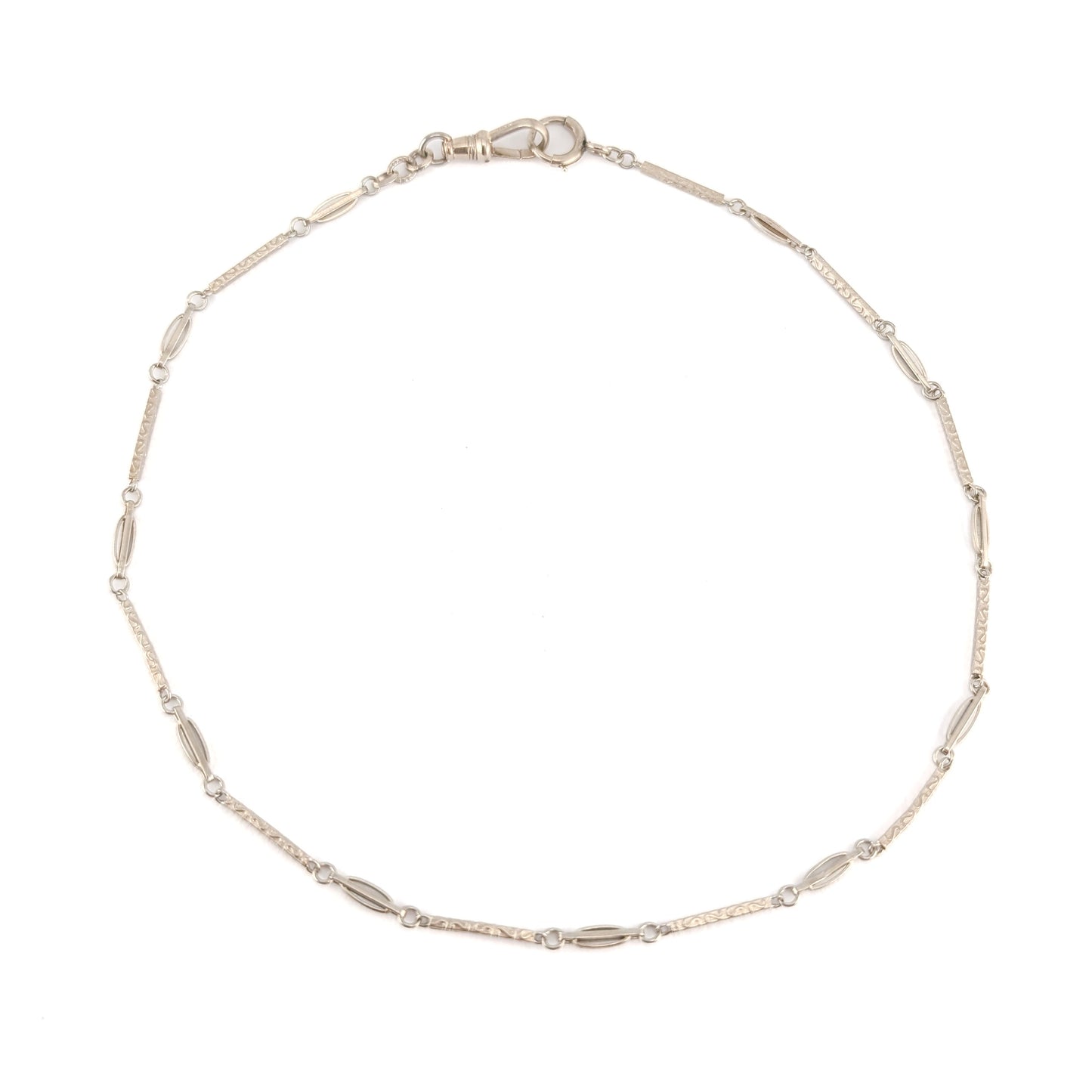 Antique 14K White Gold Art Deco Watch Chain With Engraved Bar Links - Swivel Dog Clip