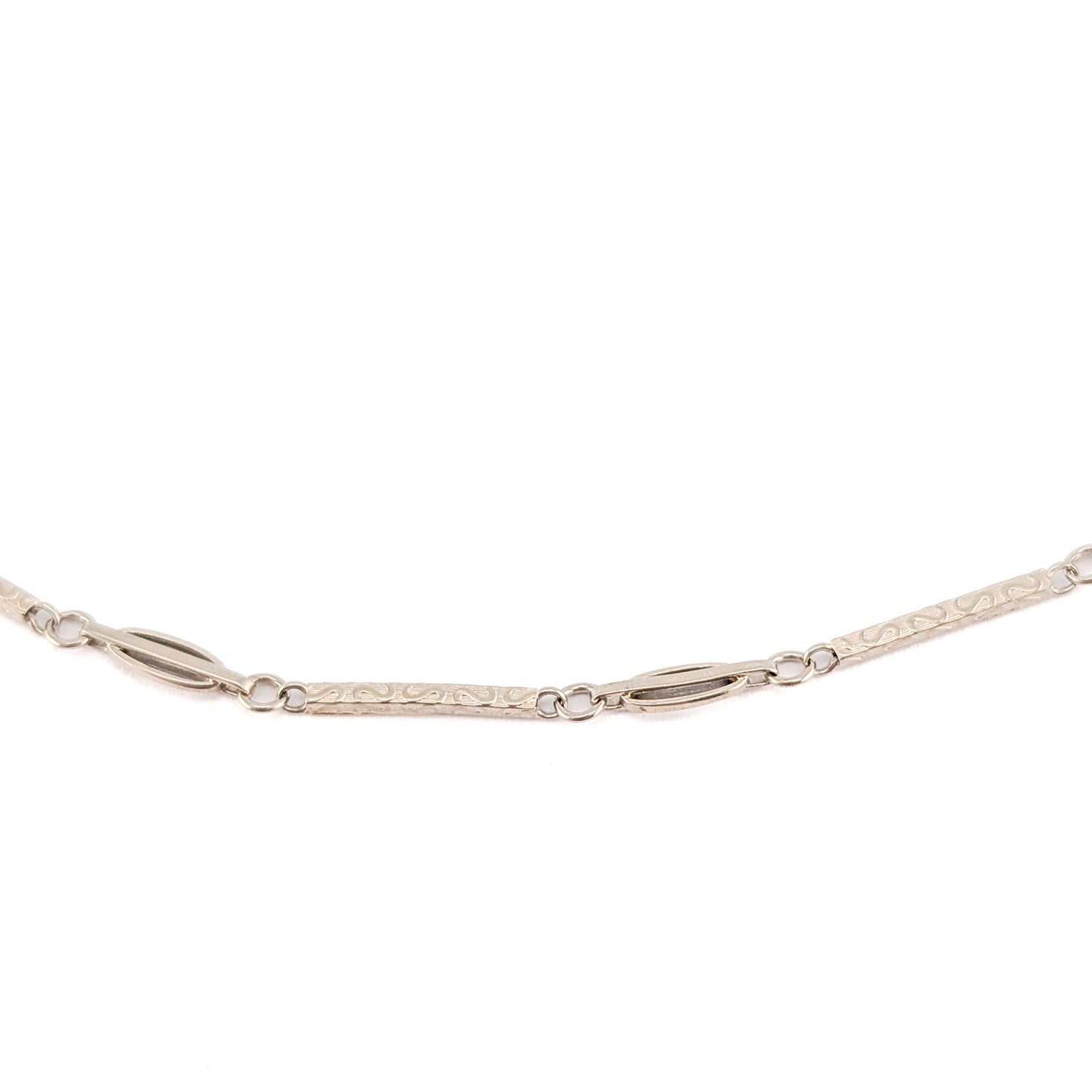 Antique 14K White Gold Art Deco Watch Chain With Engraved Bar Links - Swivel Dog Clip