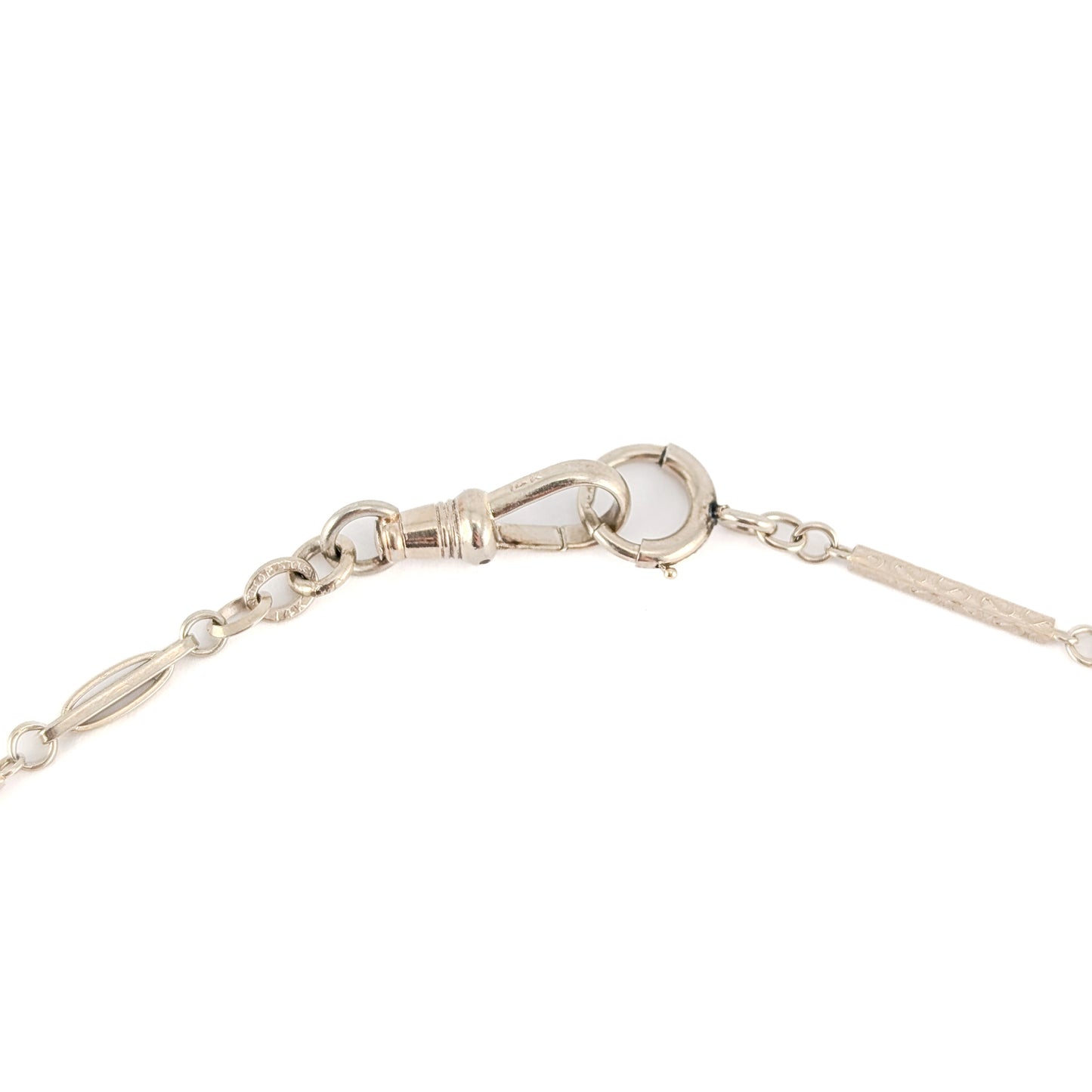 Antique 14K White Gold Art Deco Watch Chain With Engraved Bar Links - Swivel Dog Clip
