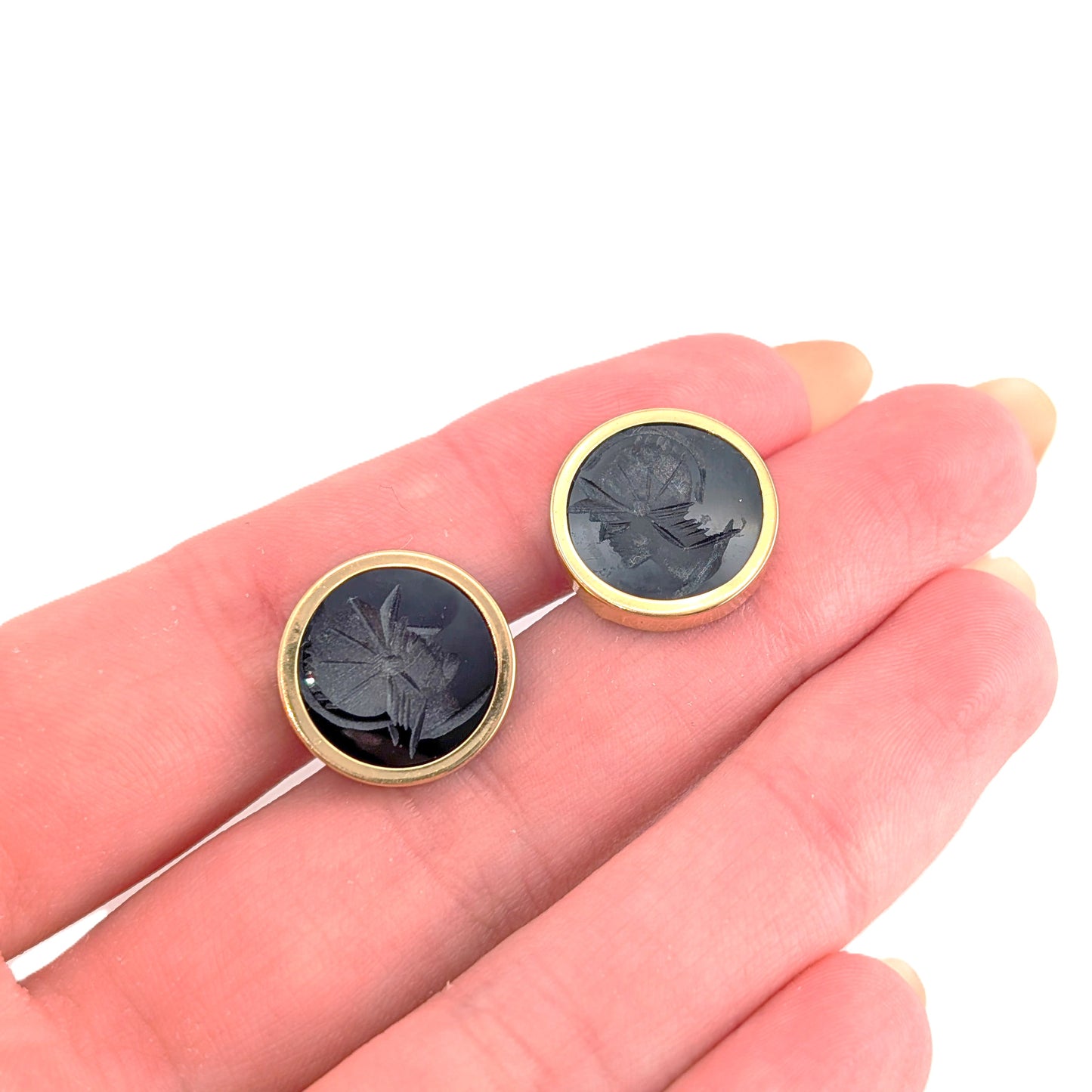 Vintage 14K Gold Black Onyx Intaglio Earrings – Roman Warrior Studs