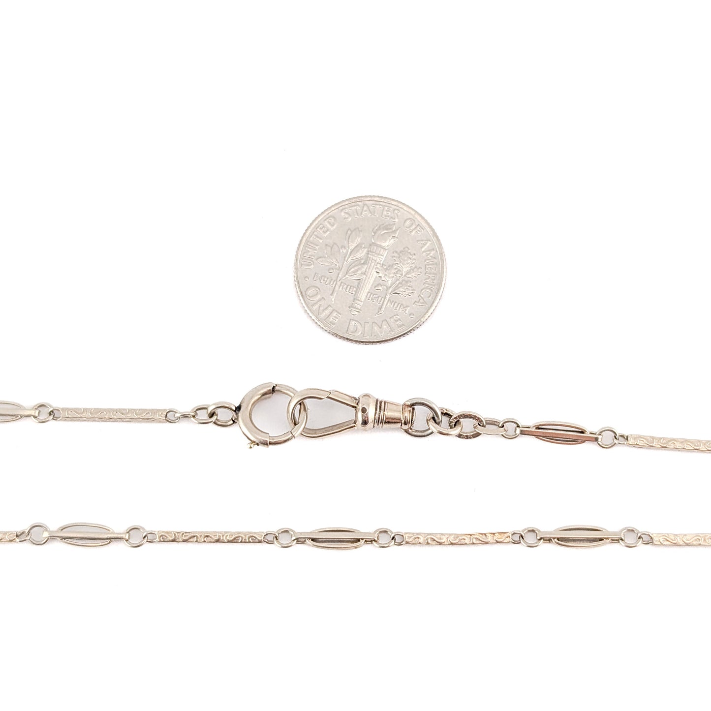 Antique 14K White Gold Art Deco Watch Chain With Engraved Bar Links - Swivel Dog Clip
