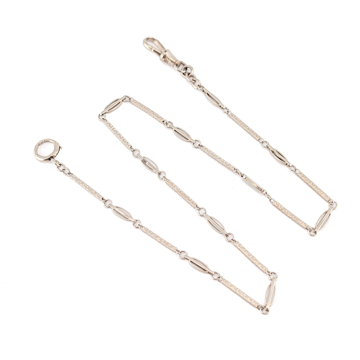 Antique 14K White Gold Art Deco Watch Chain With Engraved Bar Links - Swivel Dog Clip
