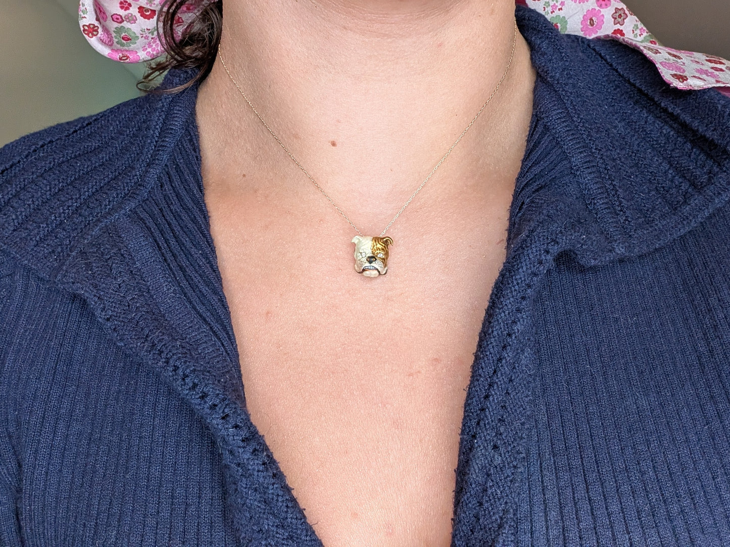 Vintage 14k Enamel Bulldog Head Pin/Pendant with Diamond Eyes