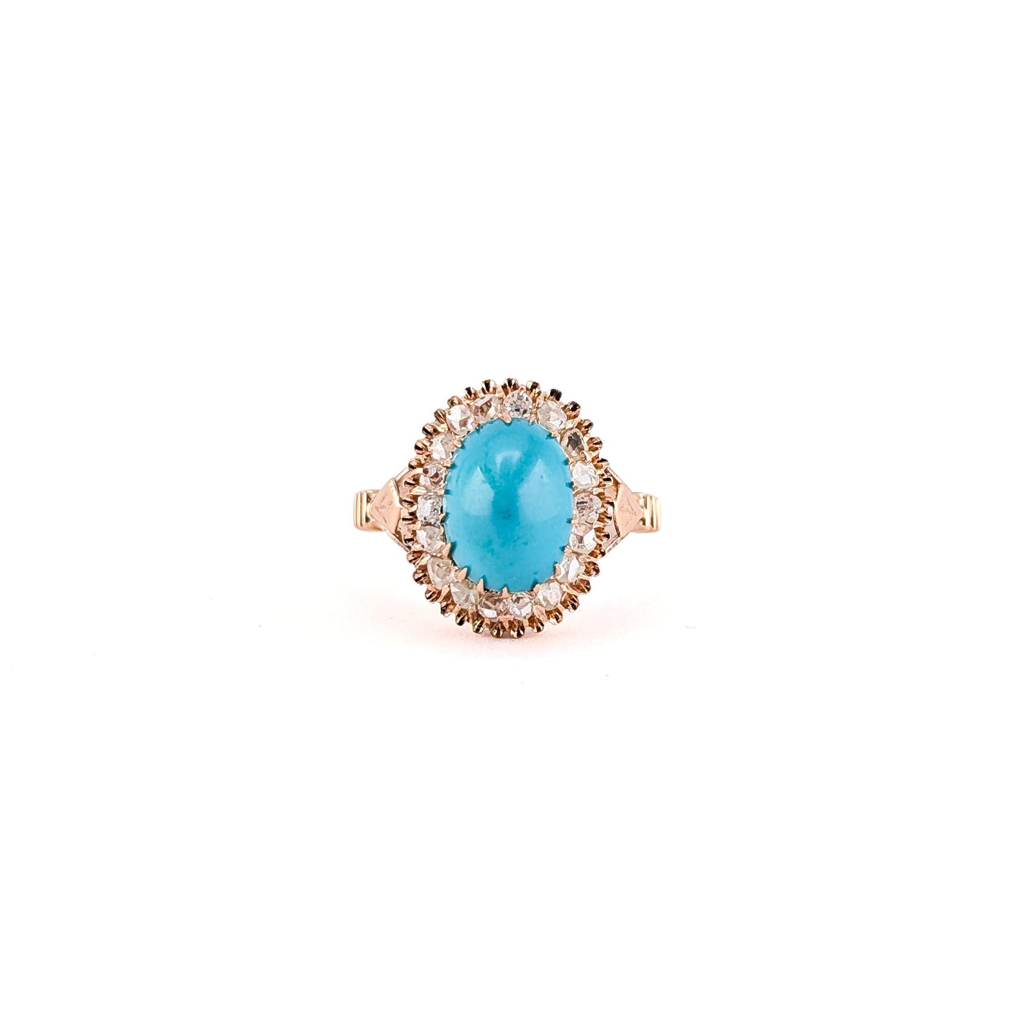 Antique Victorian 10K Rose Gold Turquoise And Rose-cut Diamond Halo Ring
