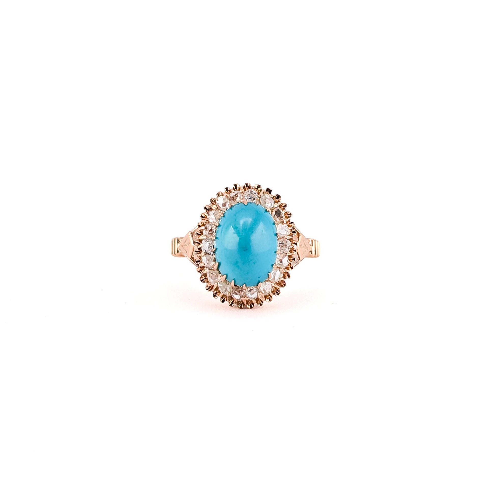 Antique Victorian 10K Rose Gold Turquoise And Rose-cut Diamond Halo Ring