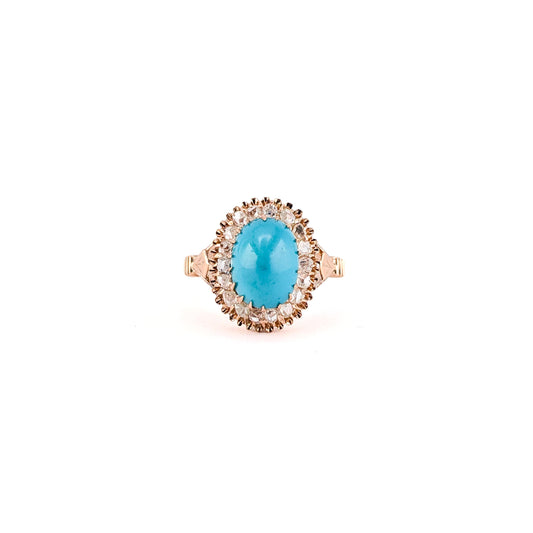 Antique Victorian 10K Rose Gold Turquoise And Rose-cut Diamond Halo Ring