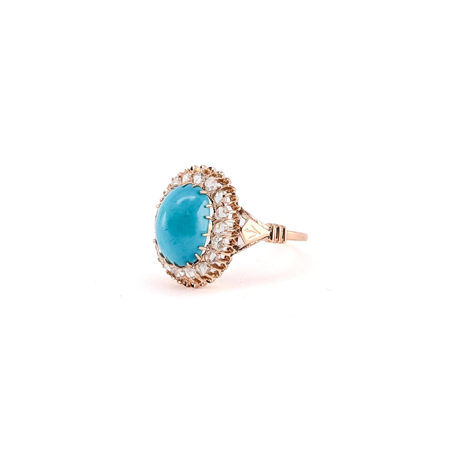 Antique Victorian 10K Rose Gold Turquoise And Rose-cut Diamond Halo Ring