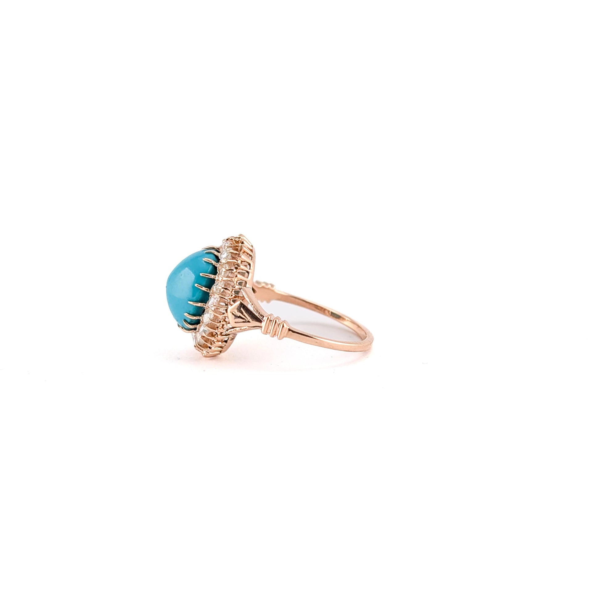 Antique Victorian 10K Rose Gold Turquoise And Rose-cut Diamond Halo Ring