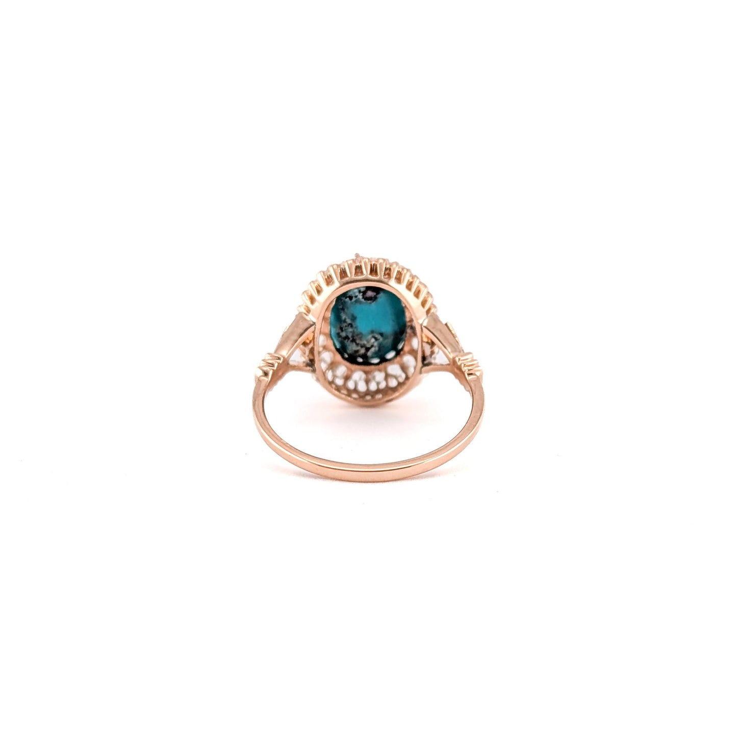 Antique Victorian 10K Rose Gold Turquoise And Rose-cut Diamond Halo Ring