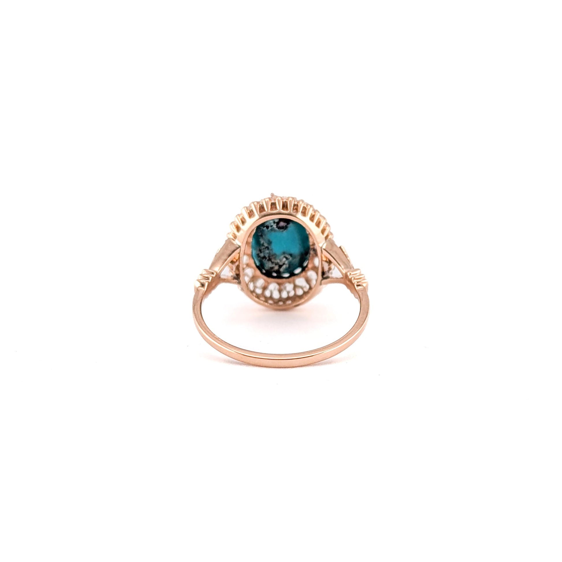 Antique Victorian 10K Rose Gold Turquoise And Rose-cut Diamond Halo Ring