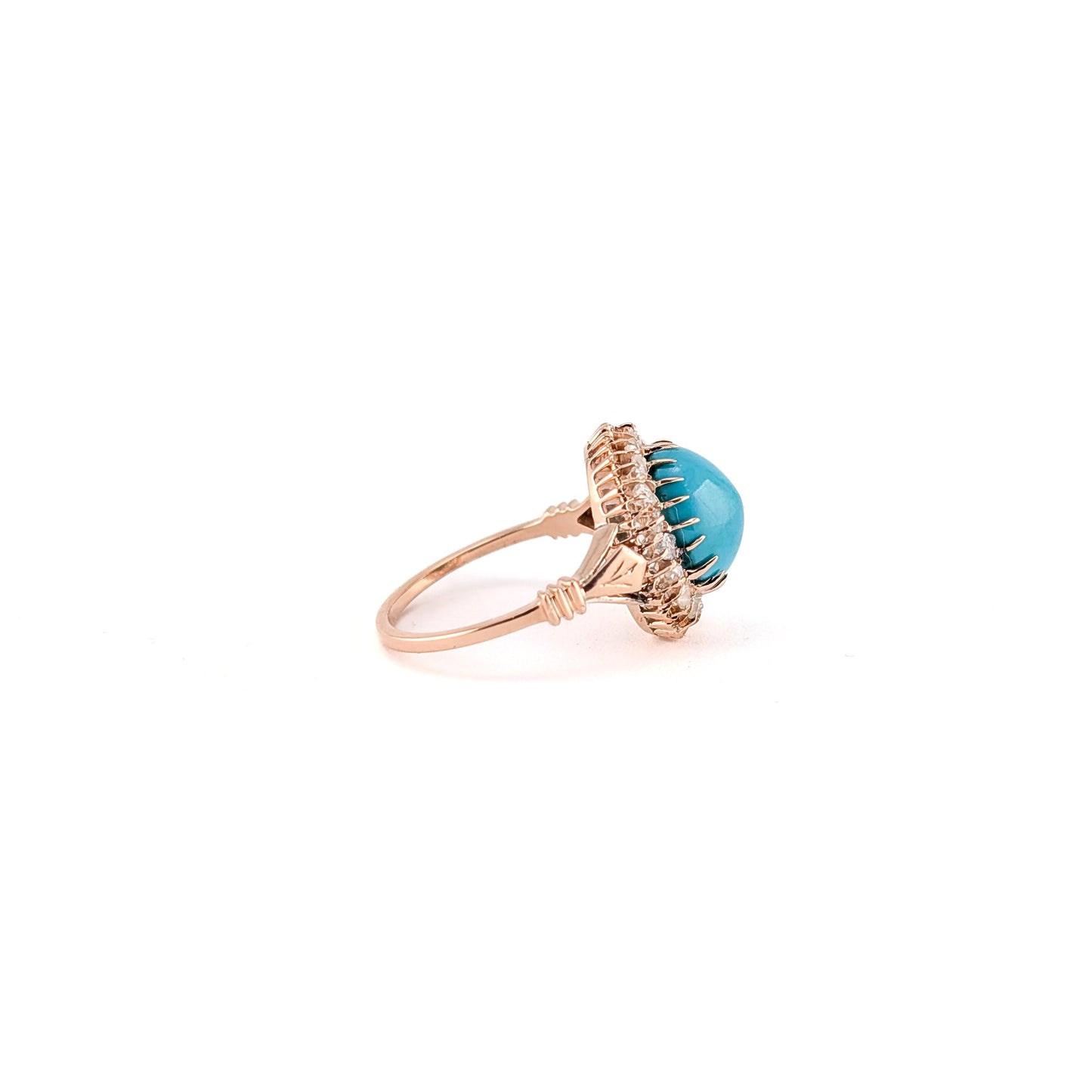 Antique Victorian 10K Rose Gold Turquoise And Rose-cut Diamond Halo Ring