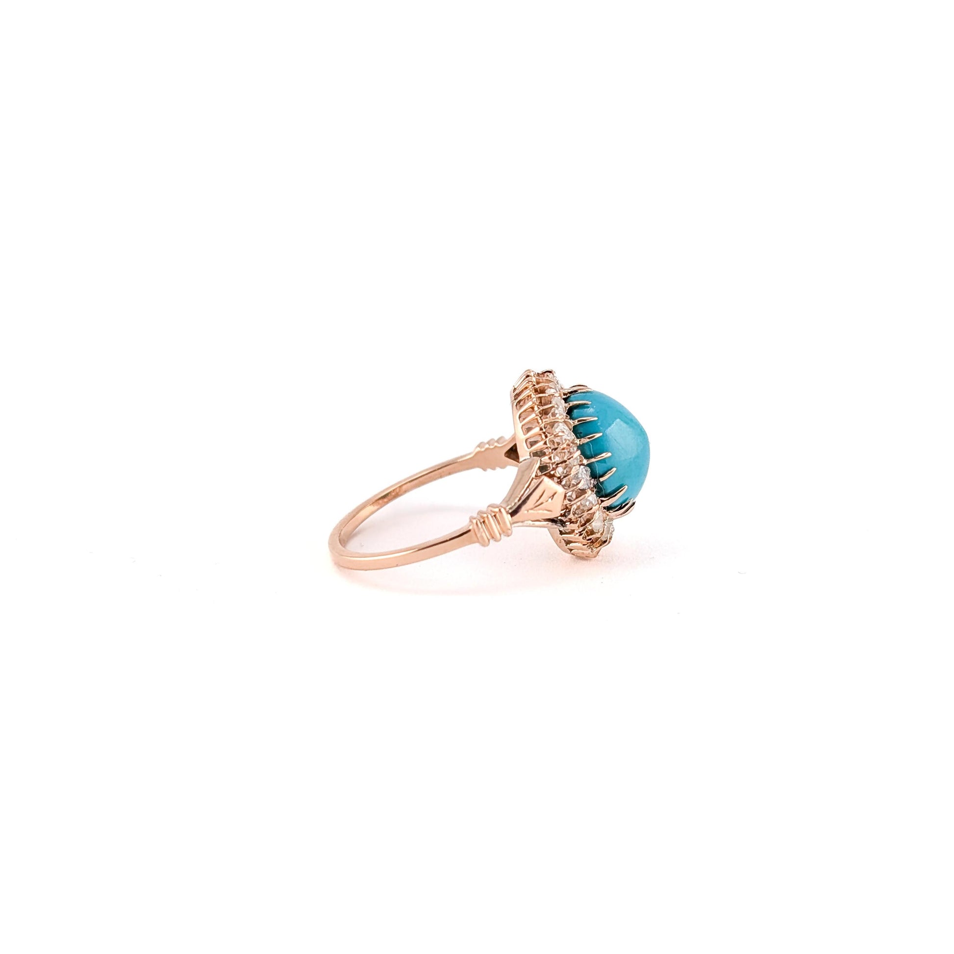 Antique Victorian 10K Rose Gold Turquoise And Rose-cut Diamond Halo Ring