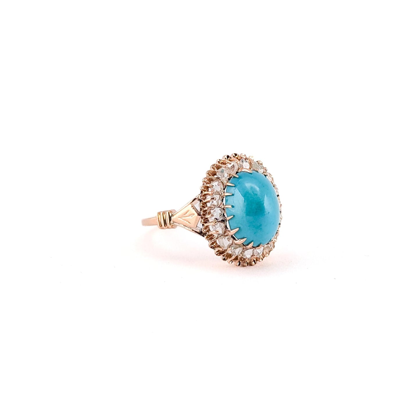 Antique Victorian 10K Rose Gold Turquoise And Rose-cut Diamond Halo Ring