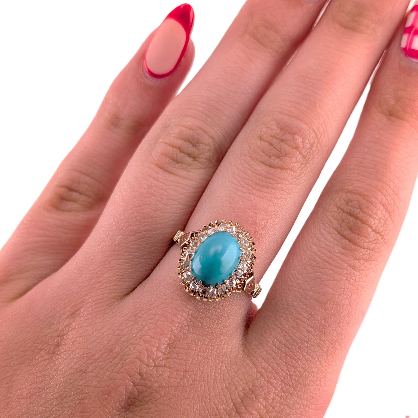 Antique Victorian 10K Rose Gold Turquoise And Rose-cut Diamond Halo Ring