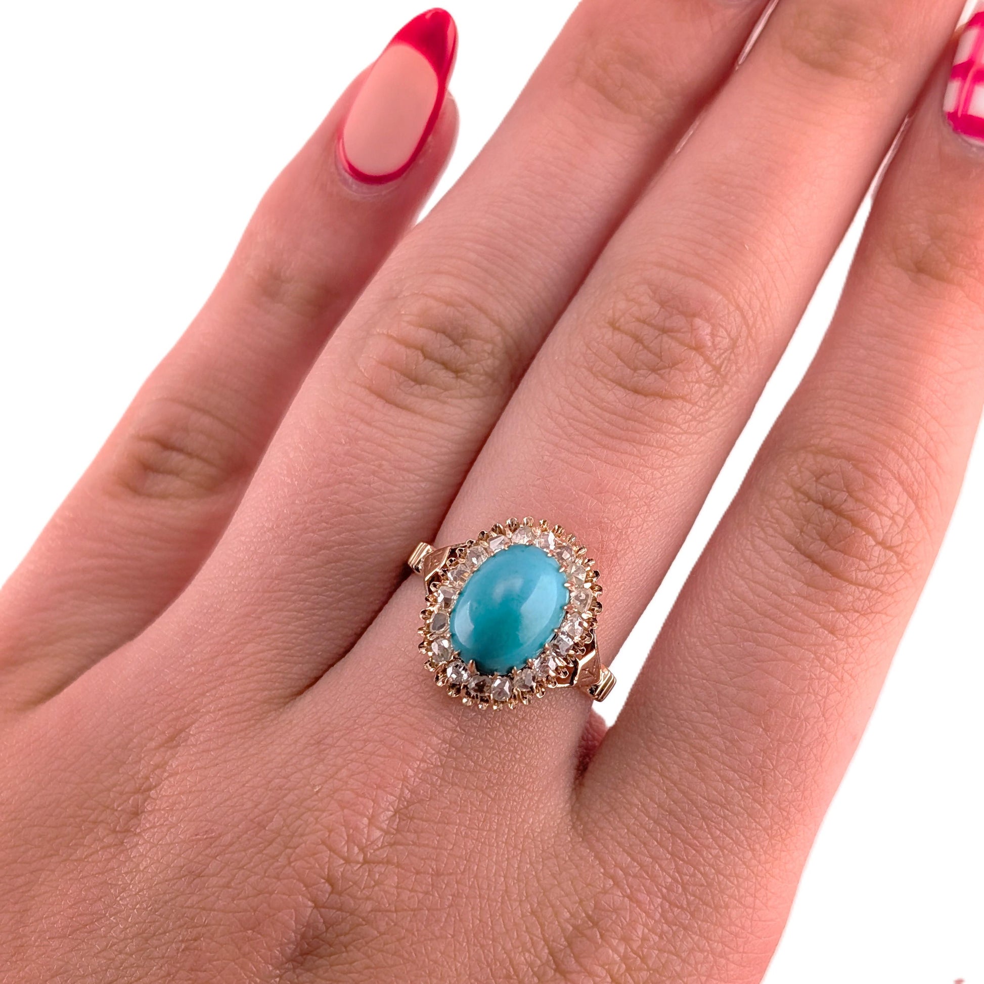 Antique Victorian 10K Rose Gold Turquoise And Rose-cut Diamond Halo Ring