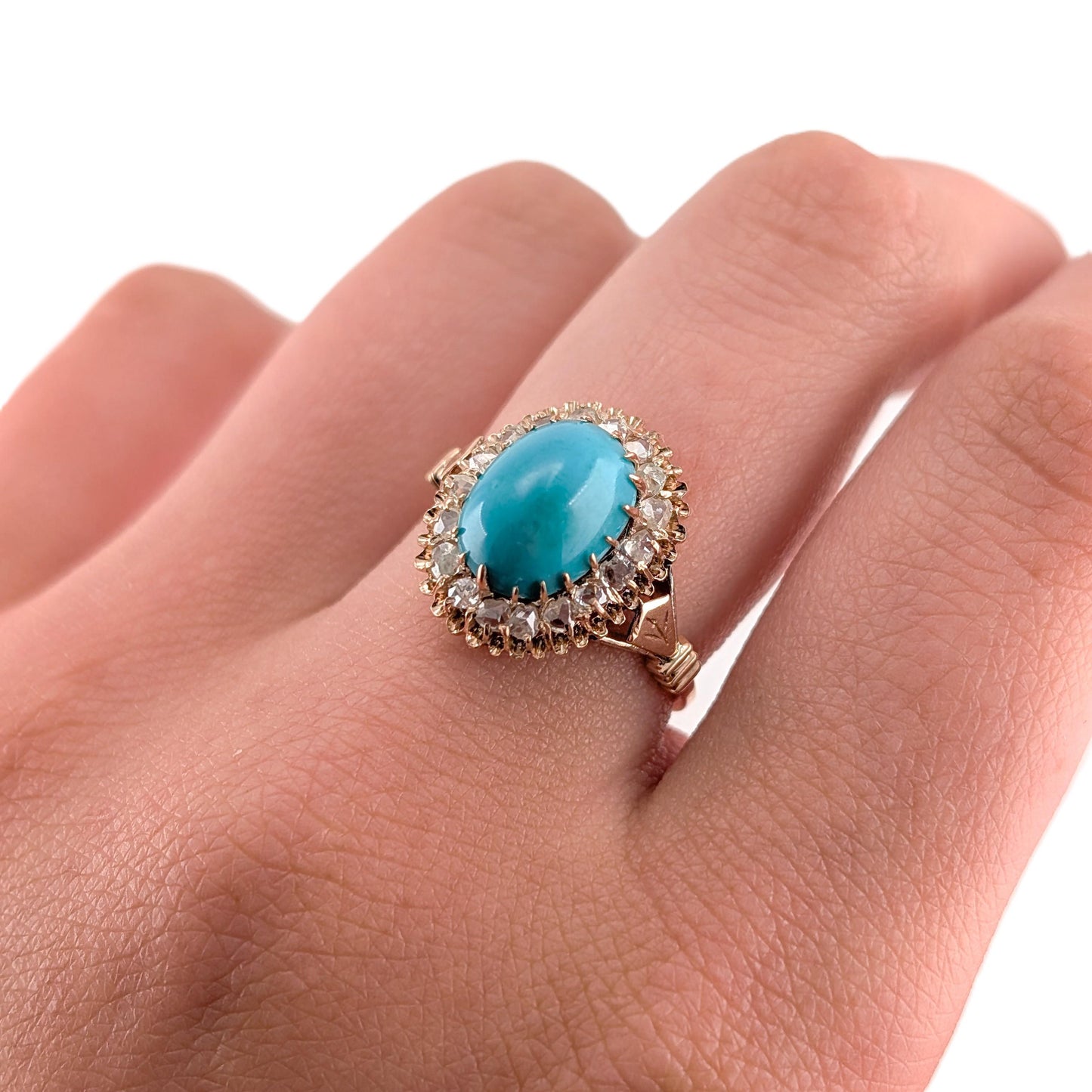 Antique Victorian 10K Rose Gold Turquoise And Rose-cut Diamond Halo Ring