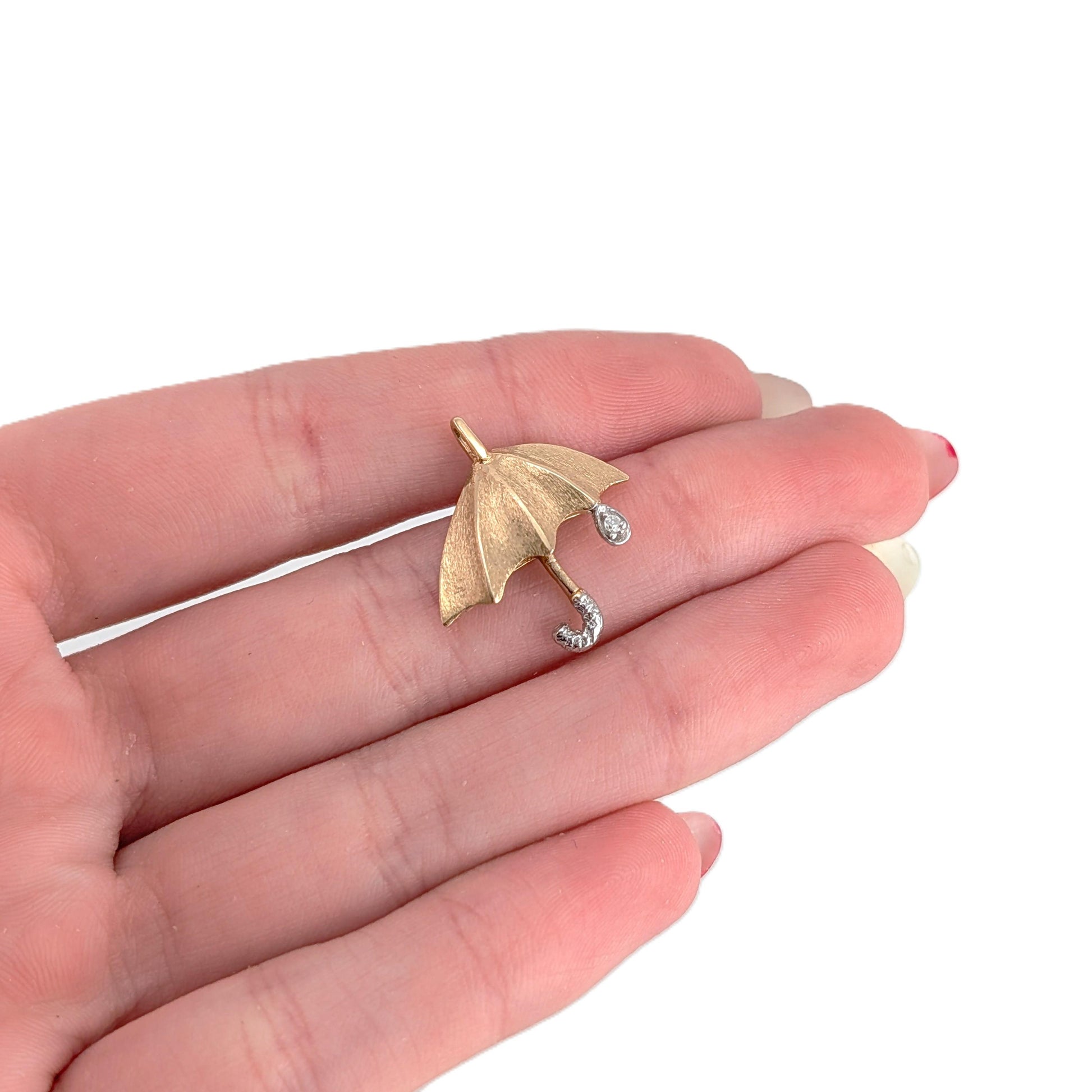 14K Gold Umbrella Pendant with White Diamond - Mid 20th Century Design