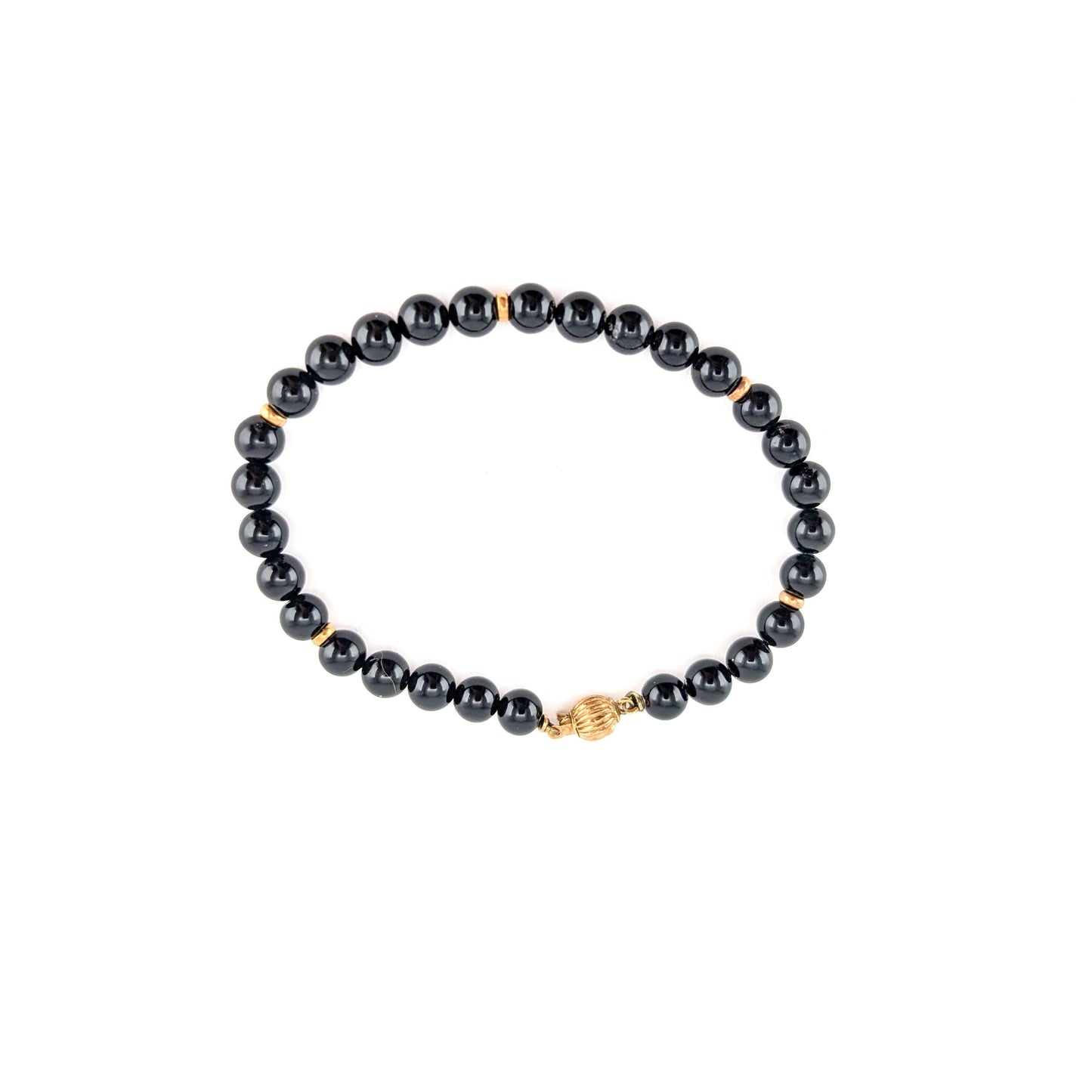 Elegant Black Onyx Beaded Bracelet with 14k Gold Accents 7.5"