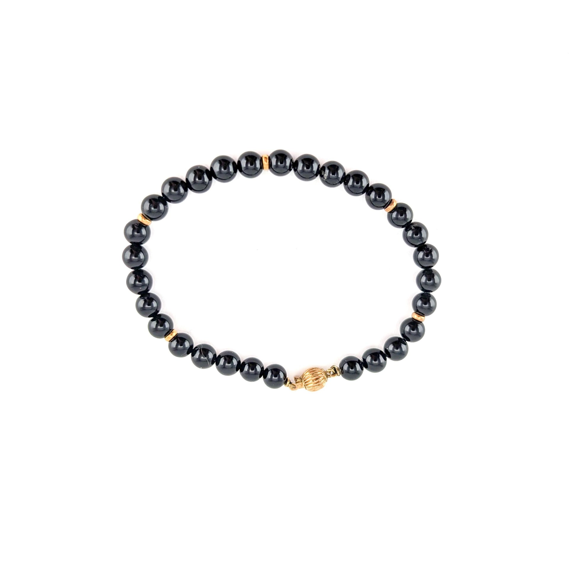 Elegant Black Onyx Beaded Bracelet with 14k Gold Accents 7.5"