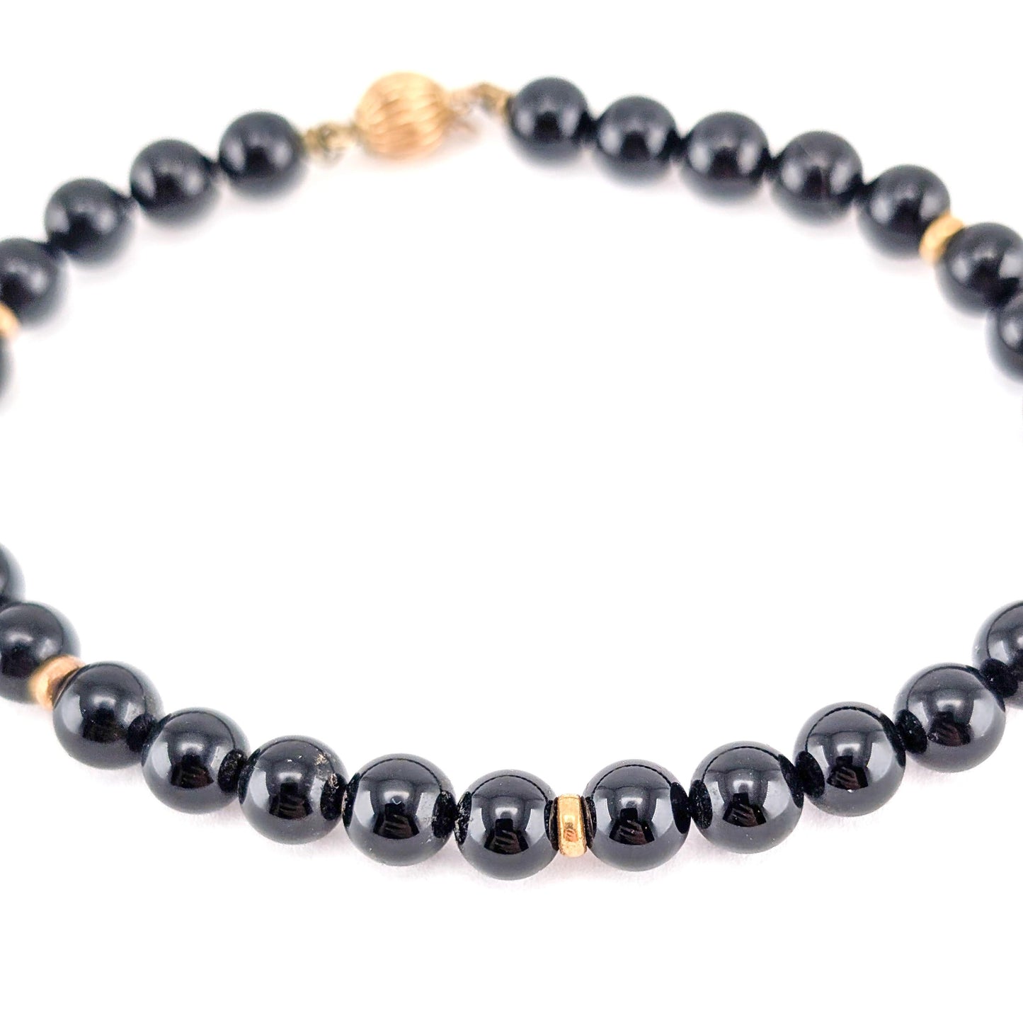 Elegant Black Onyx Beaded Bracelet with 14k Gold Accents 7.5"