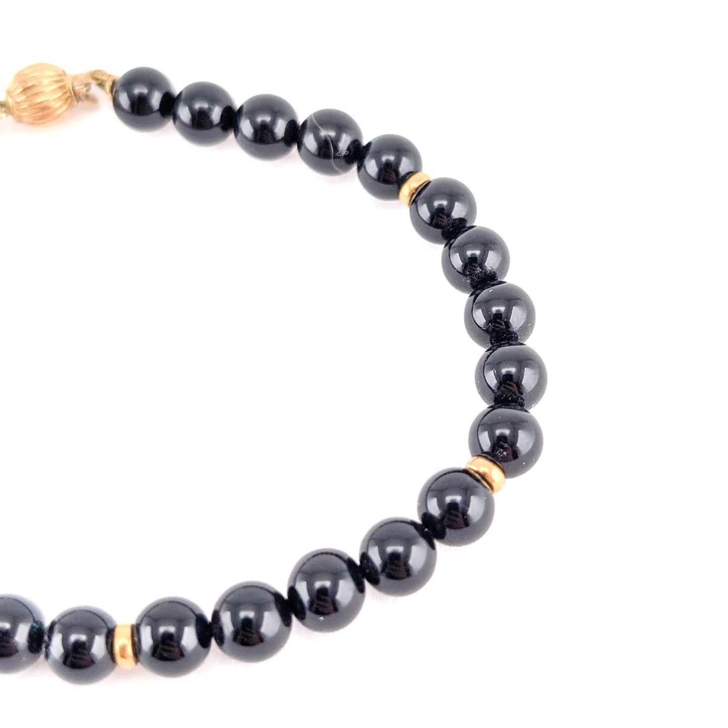 Elegant Black Onyx Beaded Bracelet with 14k Gold Accents 7.5"