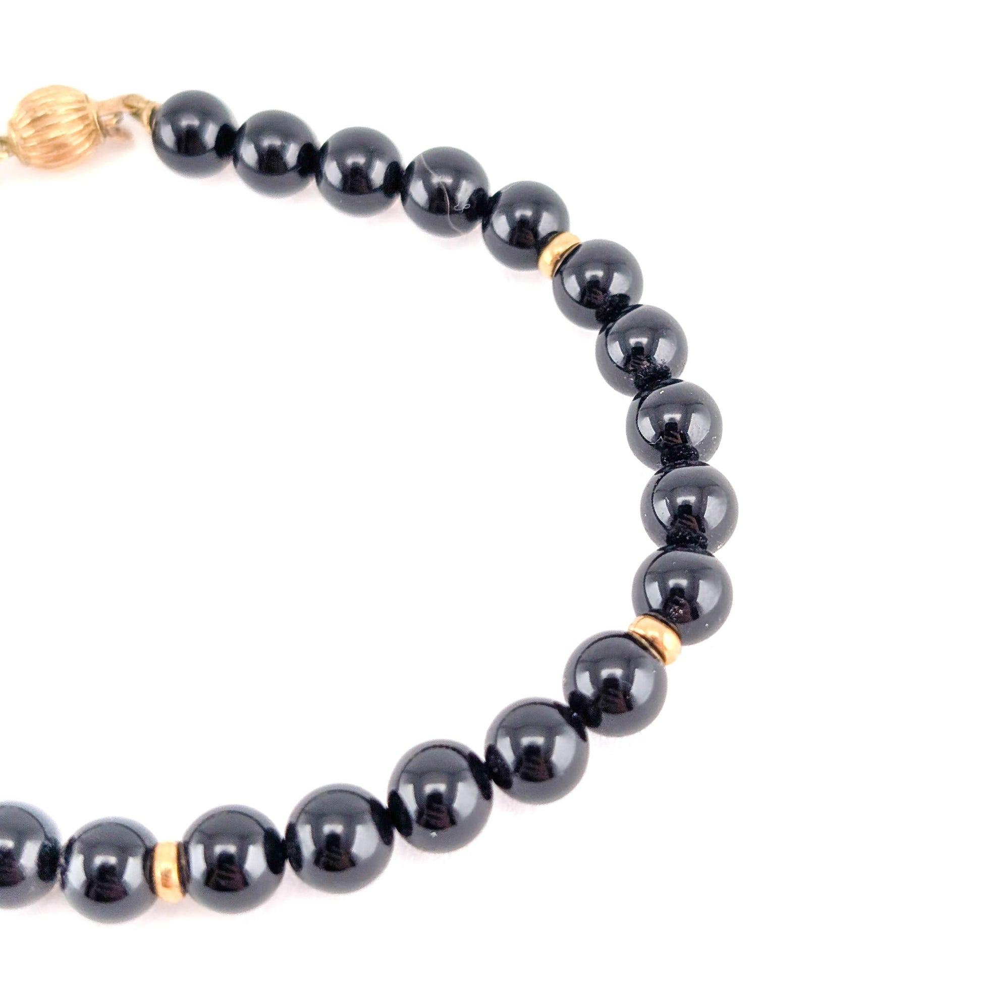 Elegant Black Onyx Beaded Bracelet with 14k Gold Accents 7.5"