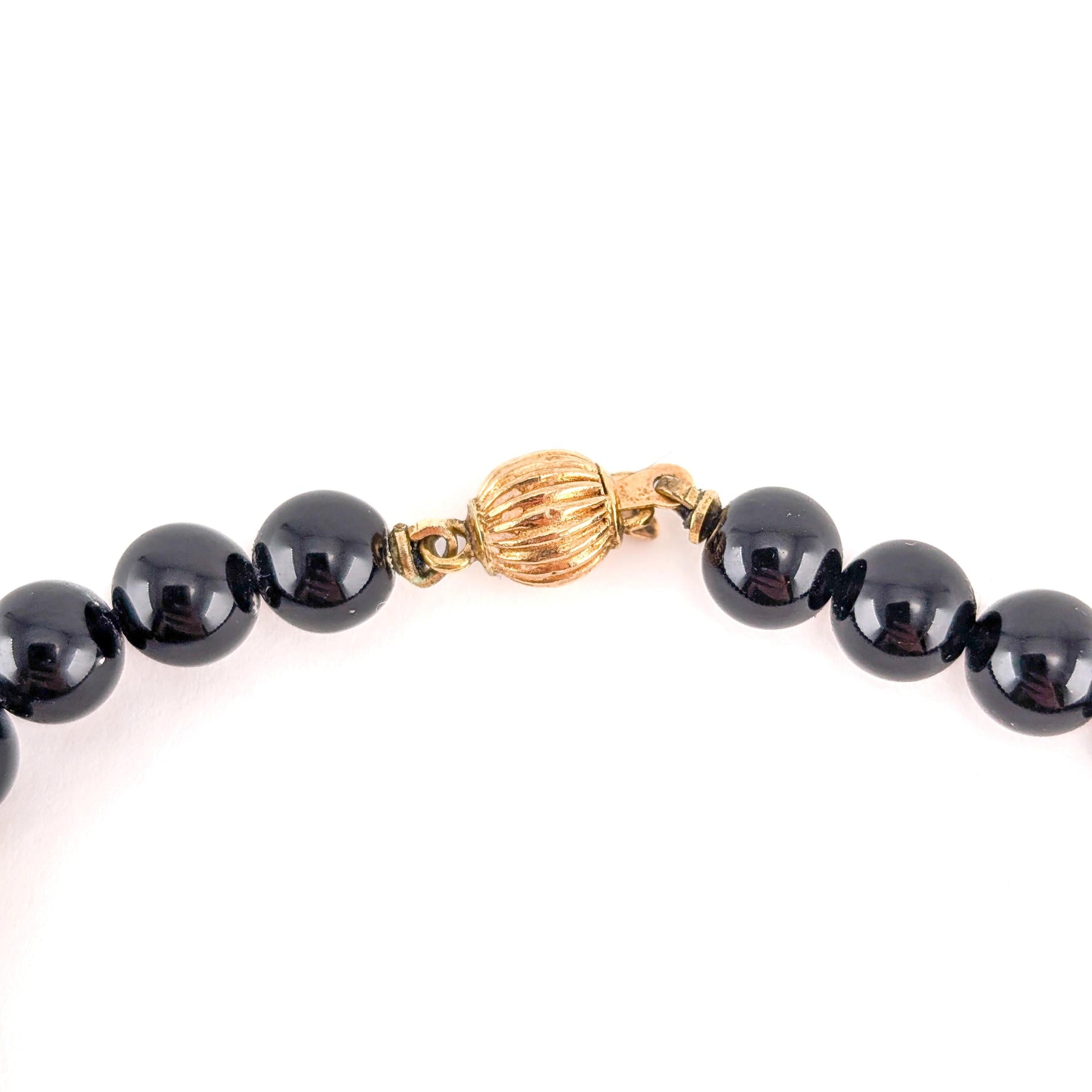 Elegant Black Onyx Beaded Bracelet with 14k Gold Accents 7.5"