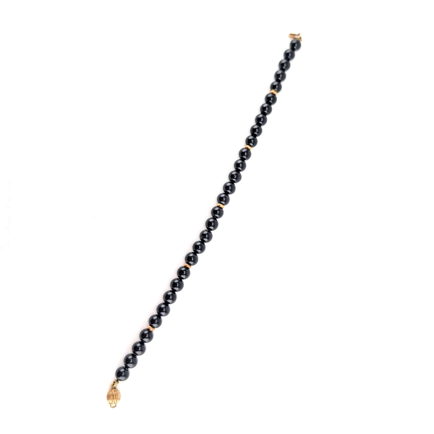 Elegant Black Onyx Beaded Bracelet with 14k Gold Accents 7.5"