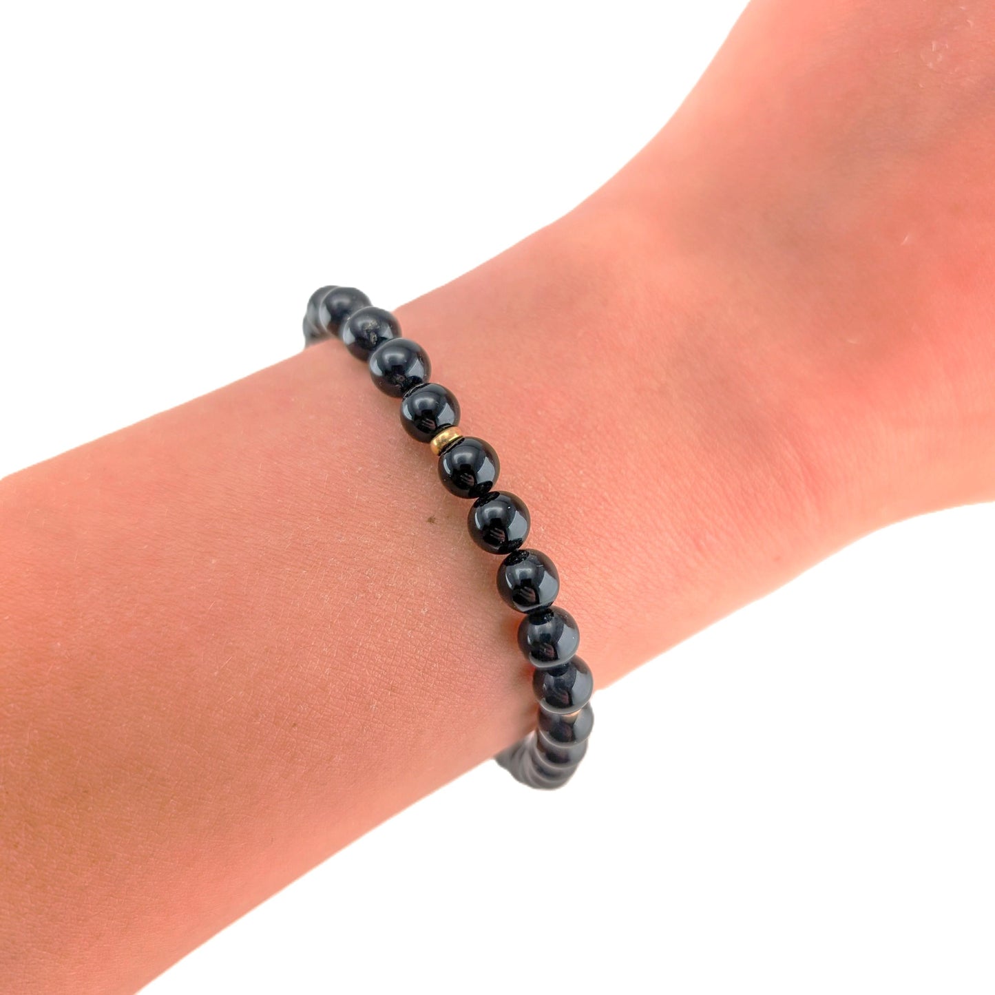 Elegant Black Onyx Beaded Bracelet with 14k Gold Accents 7.5"