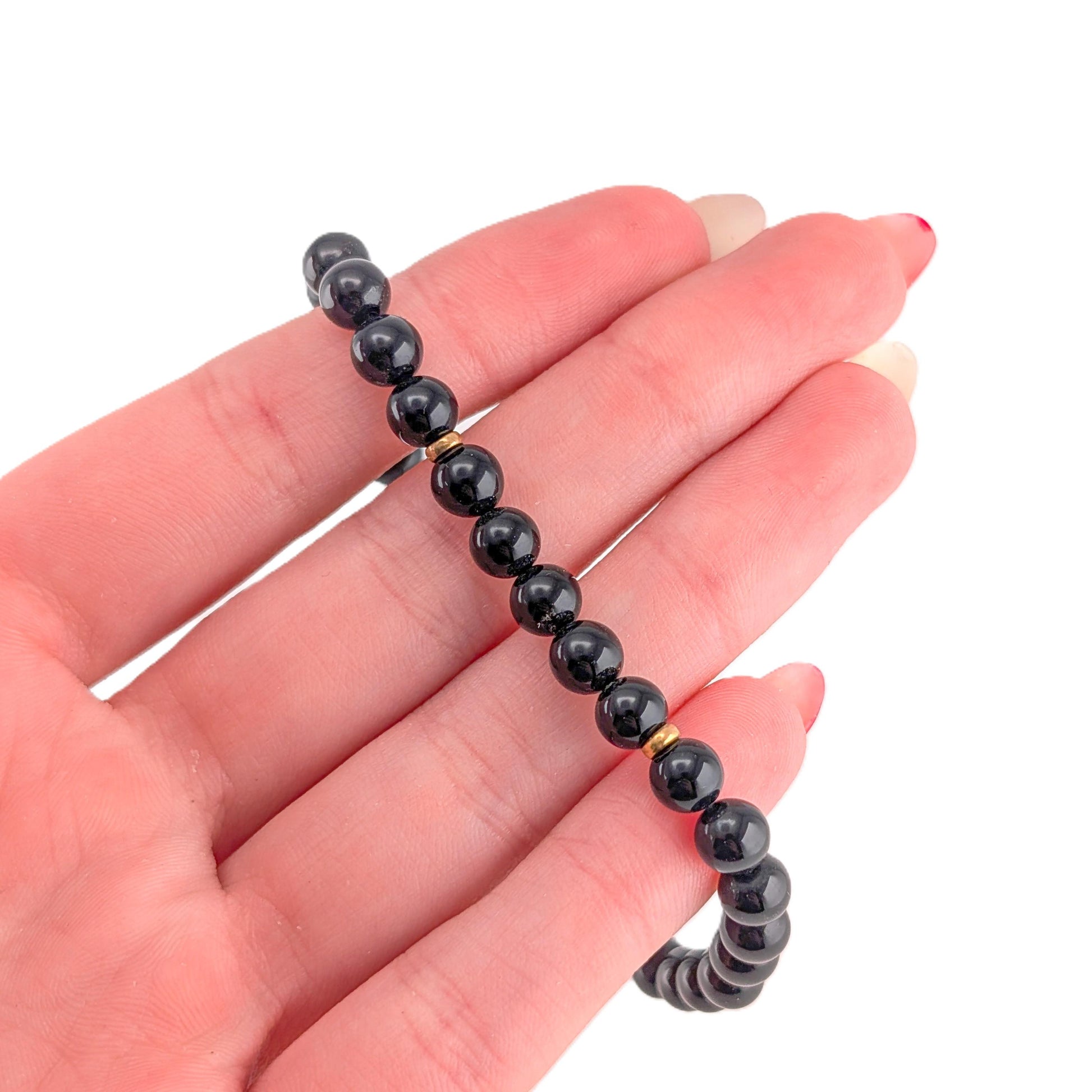 Elegant Black Onyx Beaded Bracelet with 14k Gold Accents 7.5"