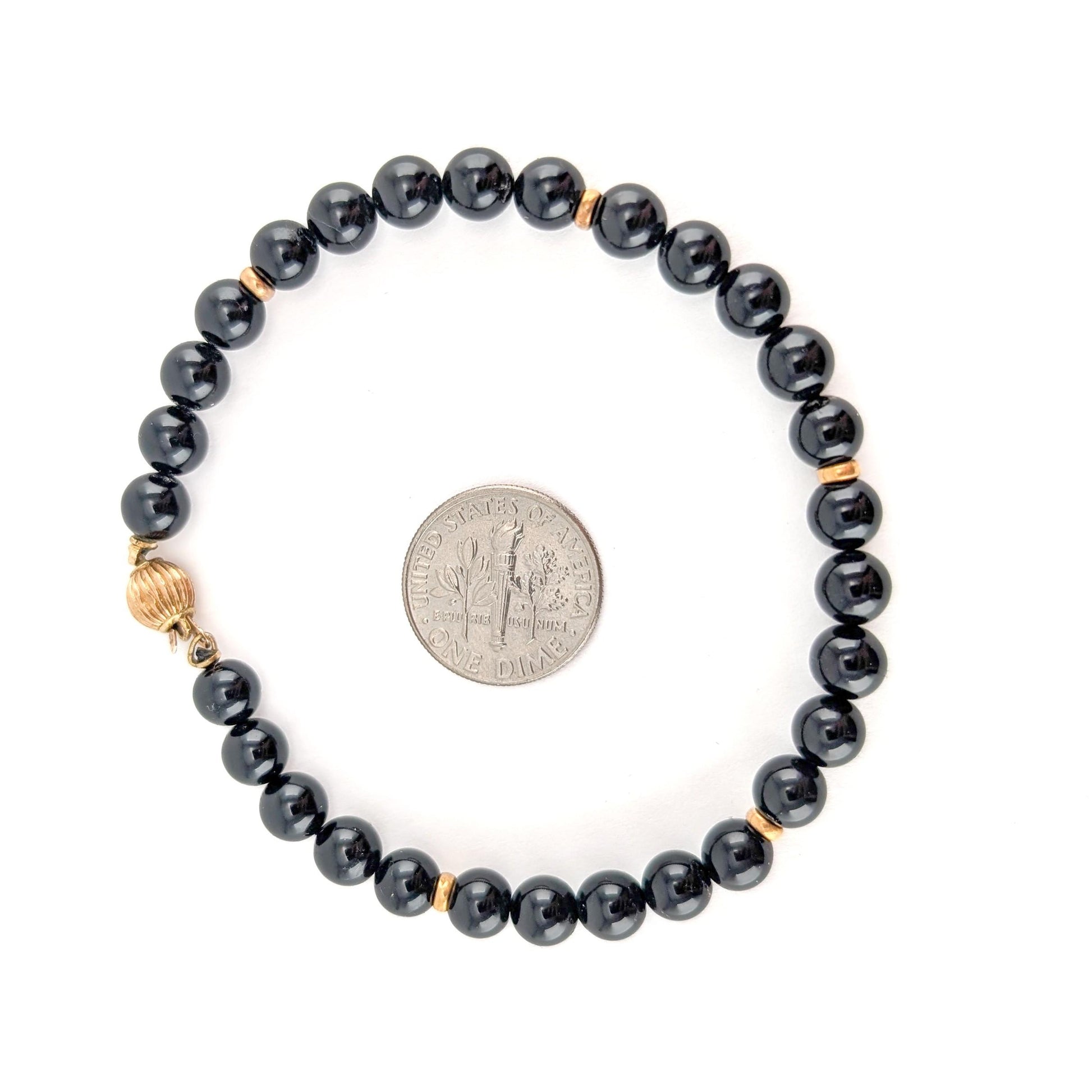 Elegant Black Onyx Beaded Bracelet with 14k Gold Accents 7.5"