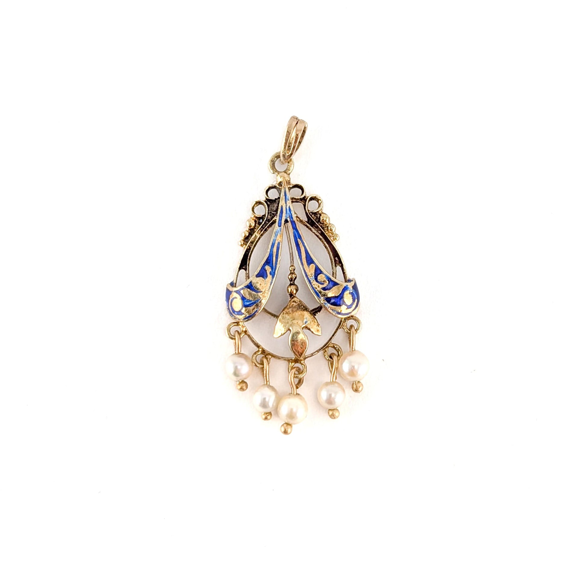 Antique 14K Gold Art Nouveau Blue Enamel Pearl Pendant