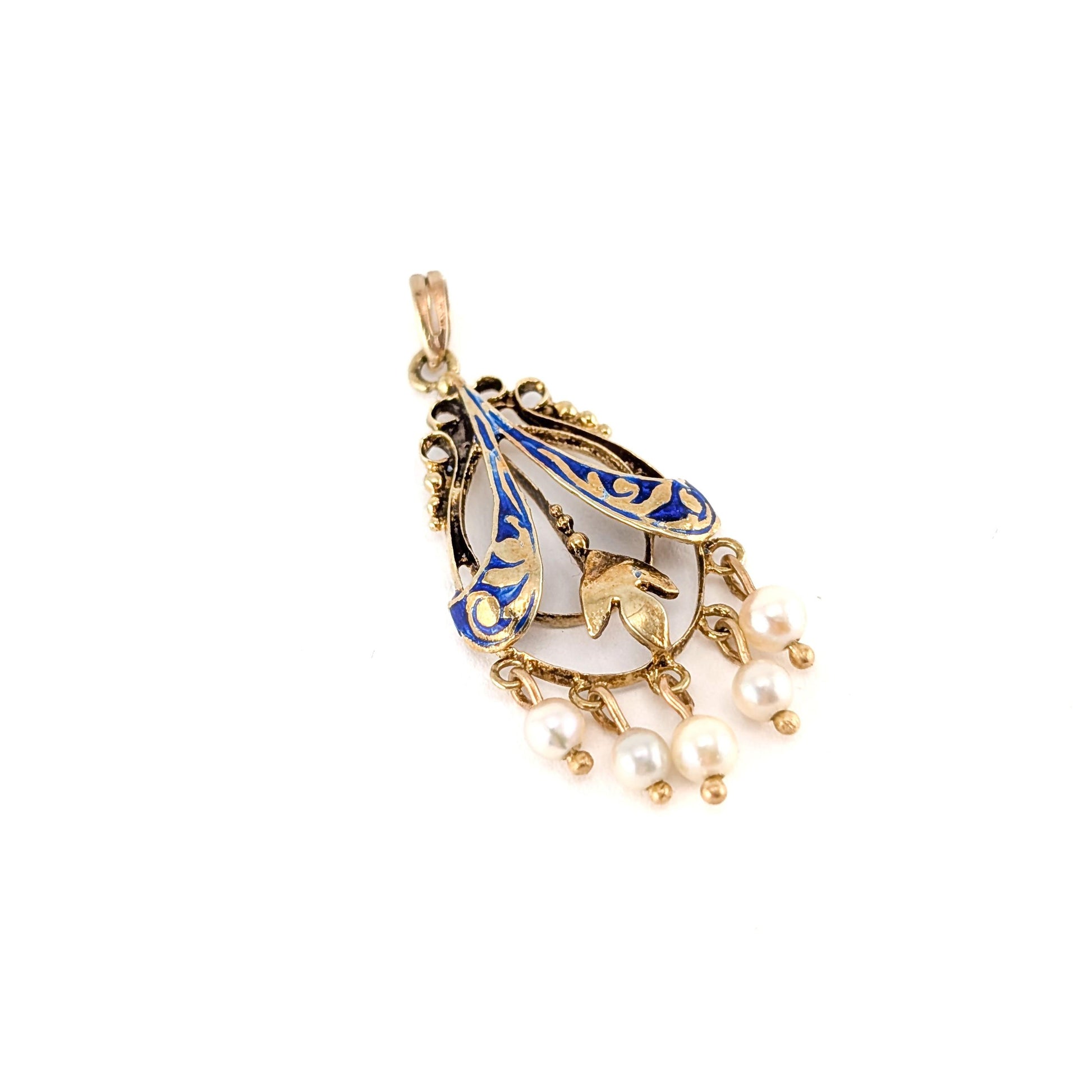 Antique 14K Gold Art Nouveau Blue Enamel Pearl Pendant