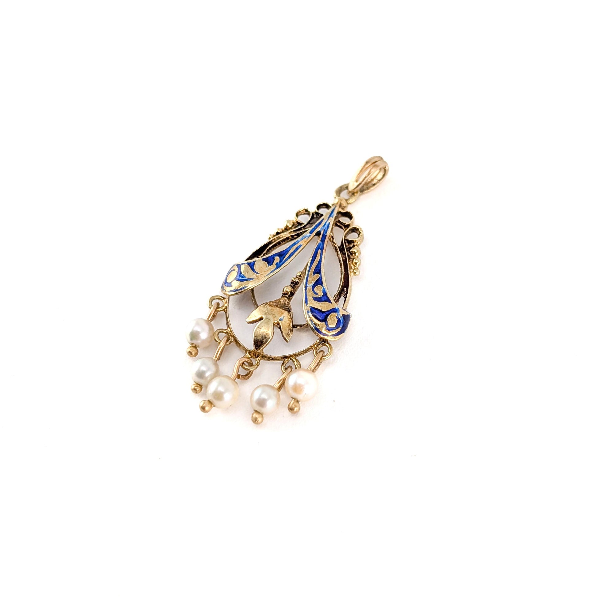 Antique 14K Gold Art Nouveau Blue Enamel Pearl Pendant