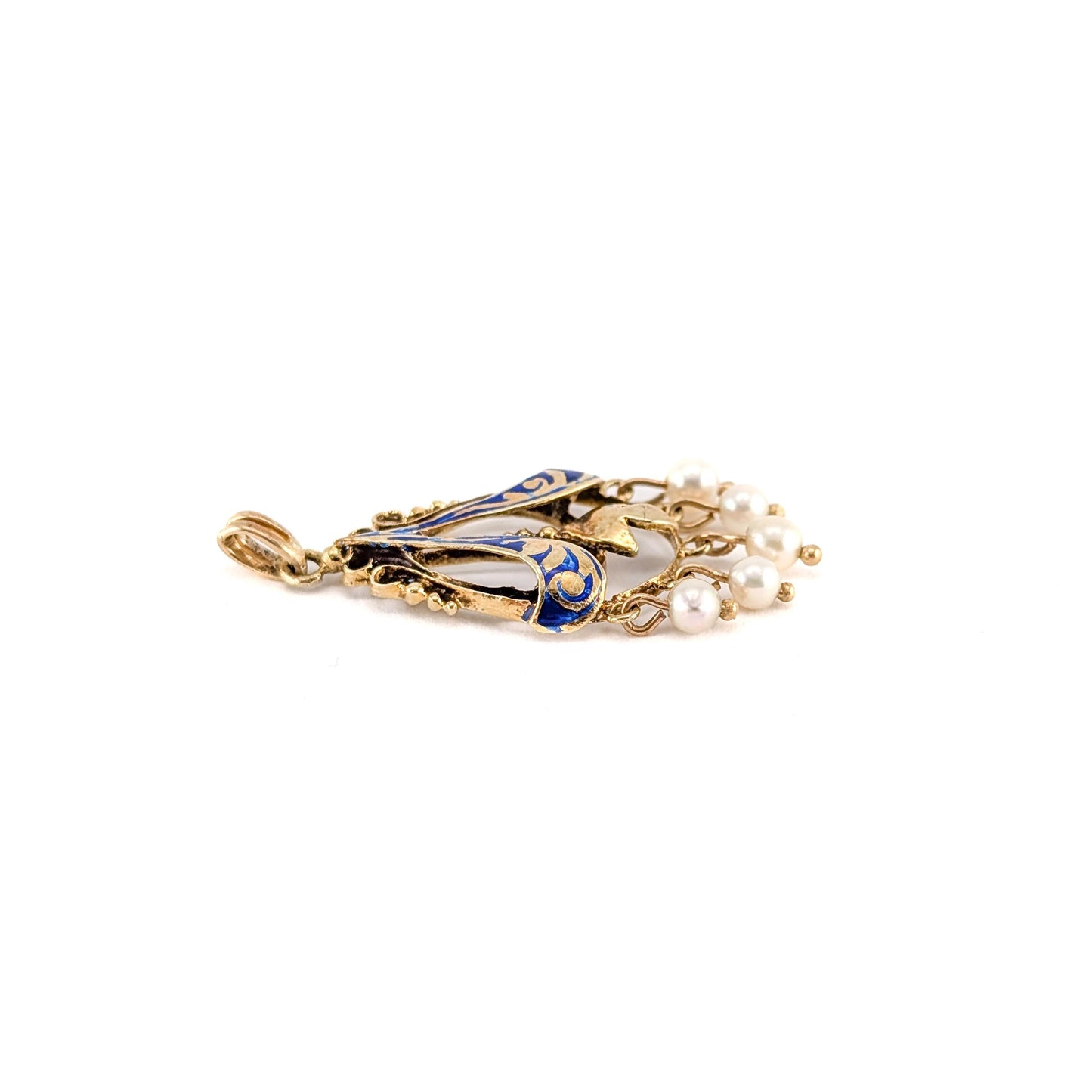 Antique 14K Gold Art Nouveau Blue Enamel Pearl Pendant