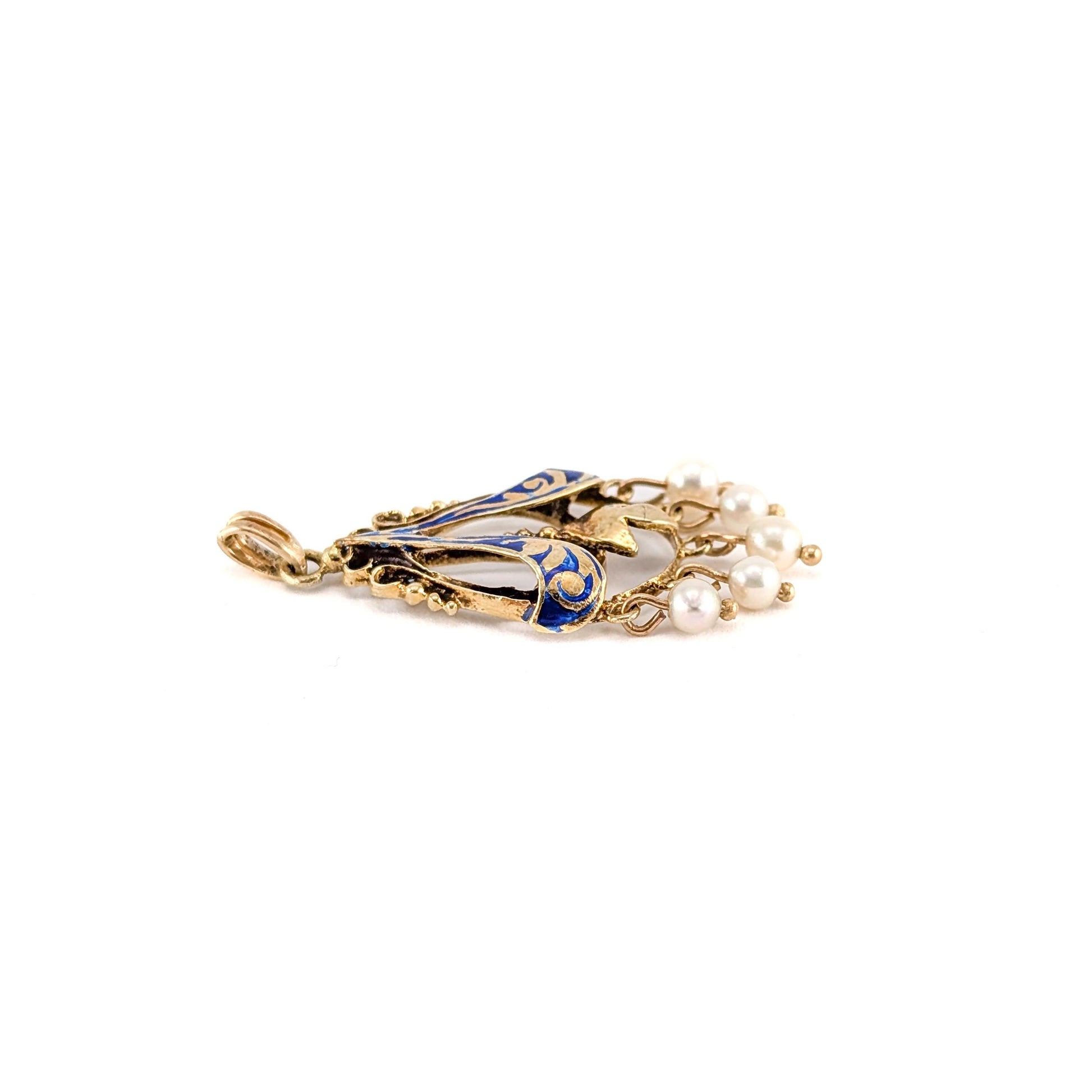 Antique 14K Gold Art Nouveau Blue Enamel Pearl Pendant