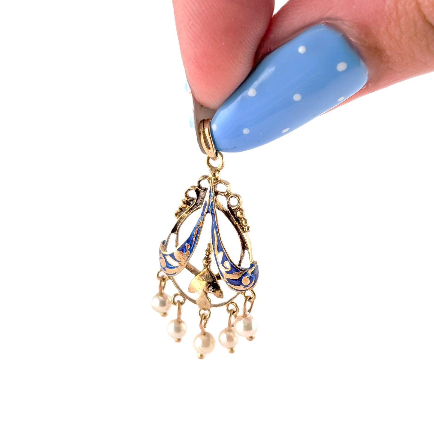 Antique 14K Gold Art Nouveau Blue Enamel Pearl Pendant